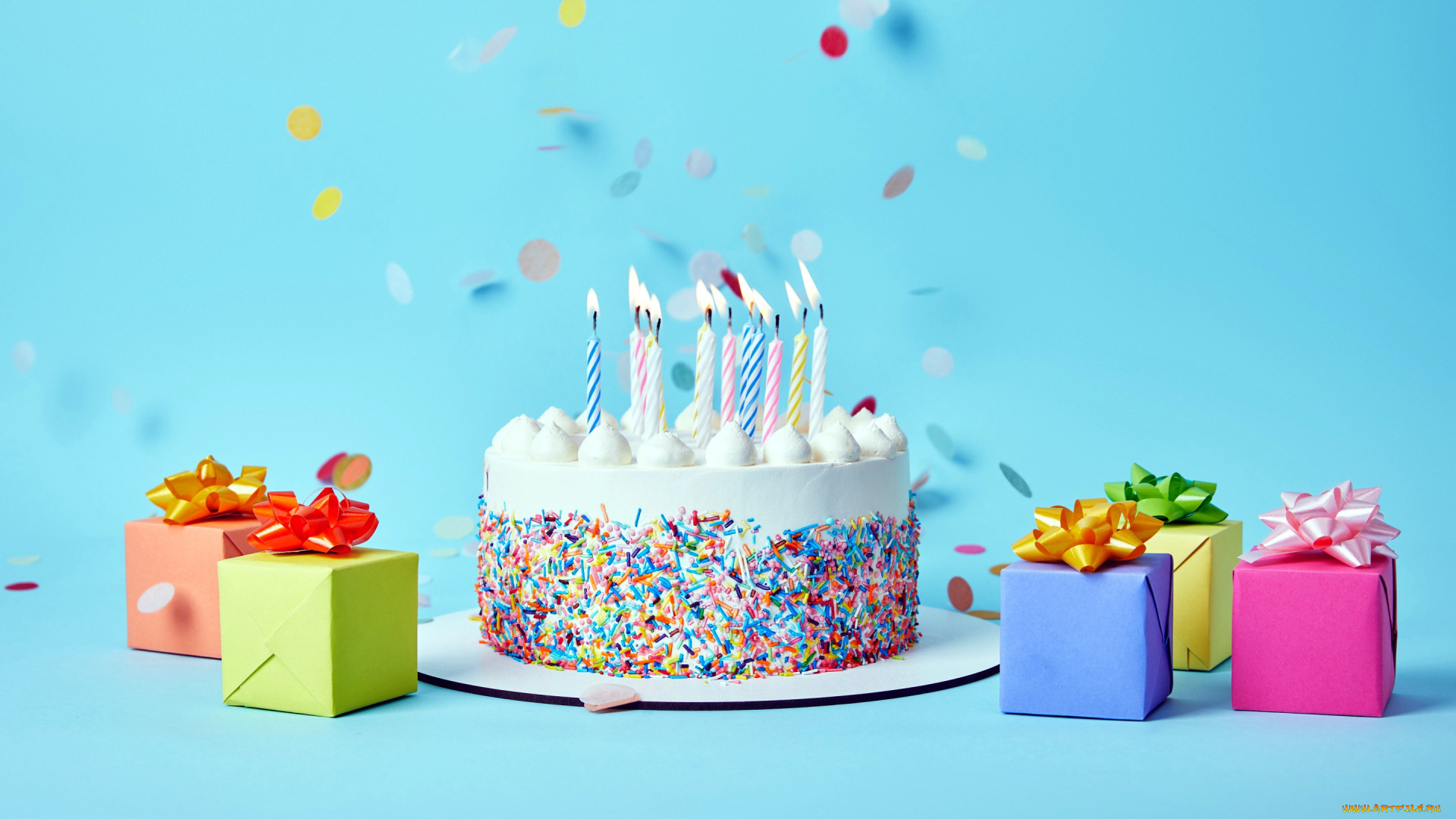 праздничные, день, рождения, торт, свечи, подарки