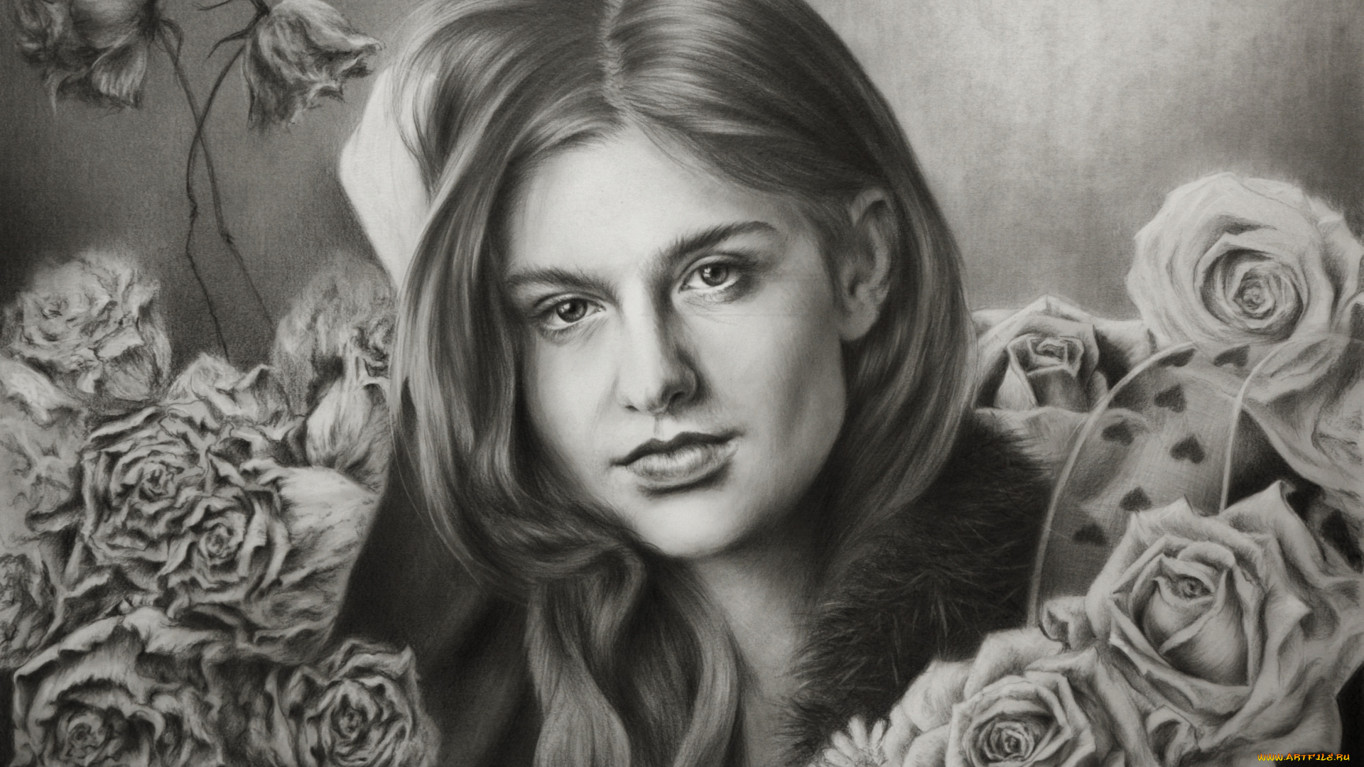 рисованное, люди, розы, взгляд, фон, девушка