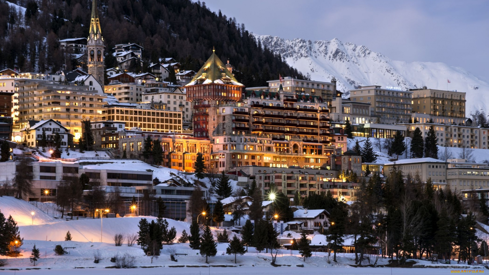 швейцария, города, -, огни, ночного, города