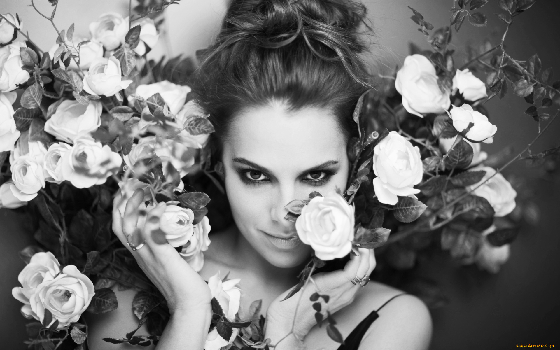 девушки, -unsort, , лица, , портреты, melia, kreiling, черно-белая, лицо, цветы