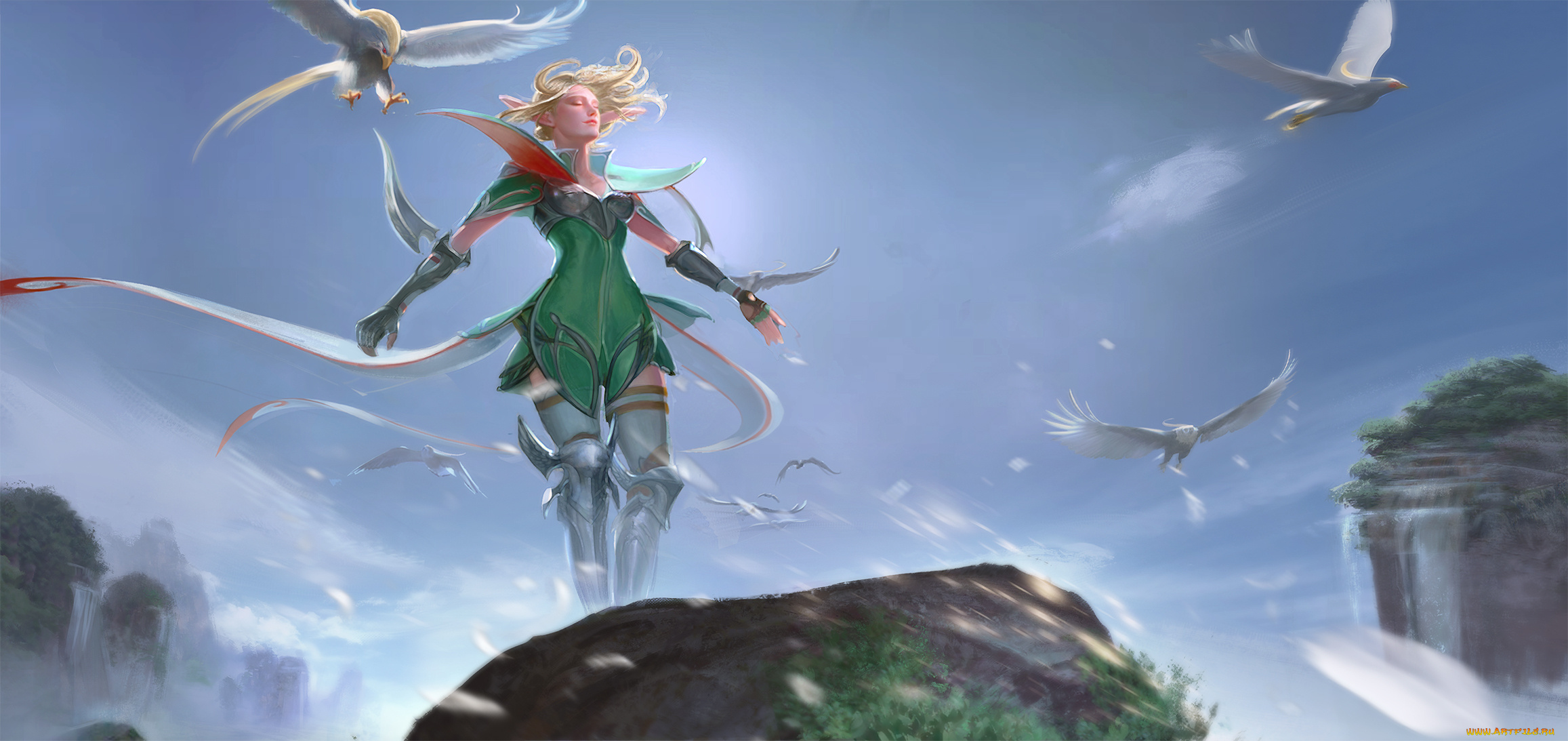 фэнтези, эльфы, птицы, униформа, фон, девушка