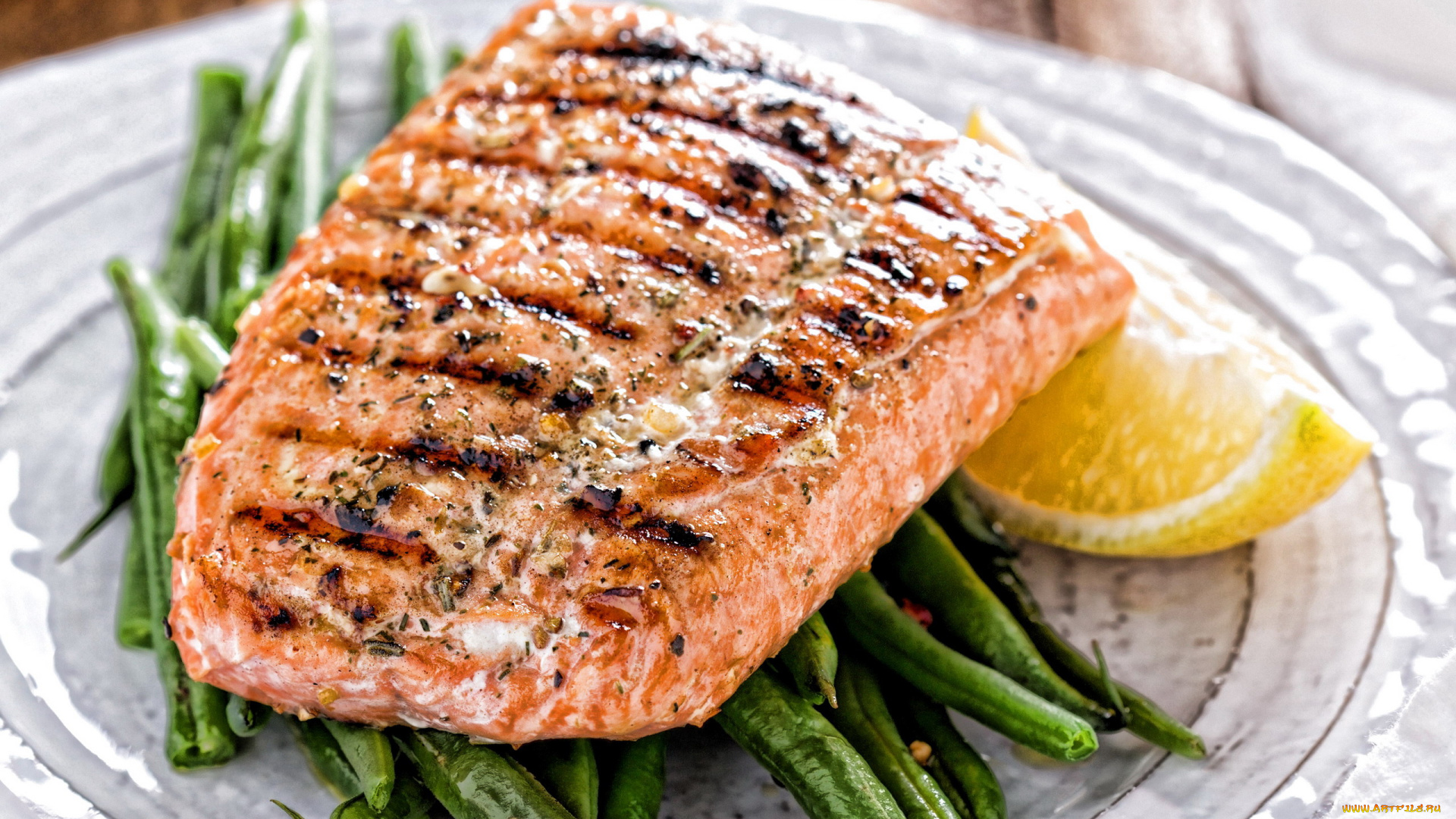 еда, рыбные, блюда, , с, морепродуктами, форель, фасоль, лимон