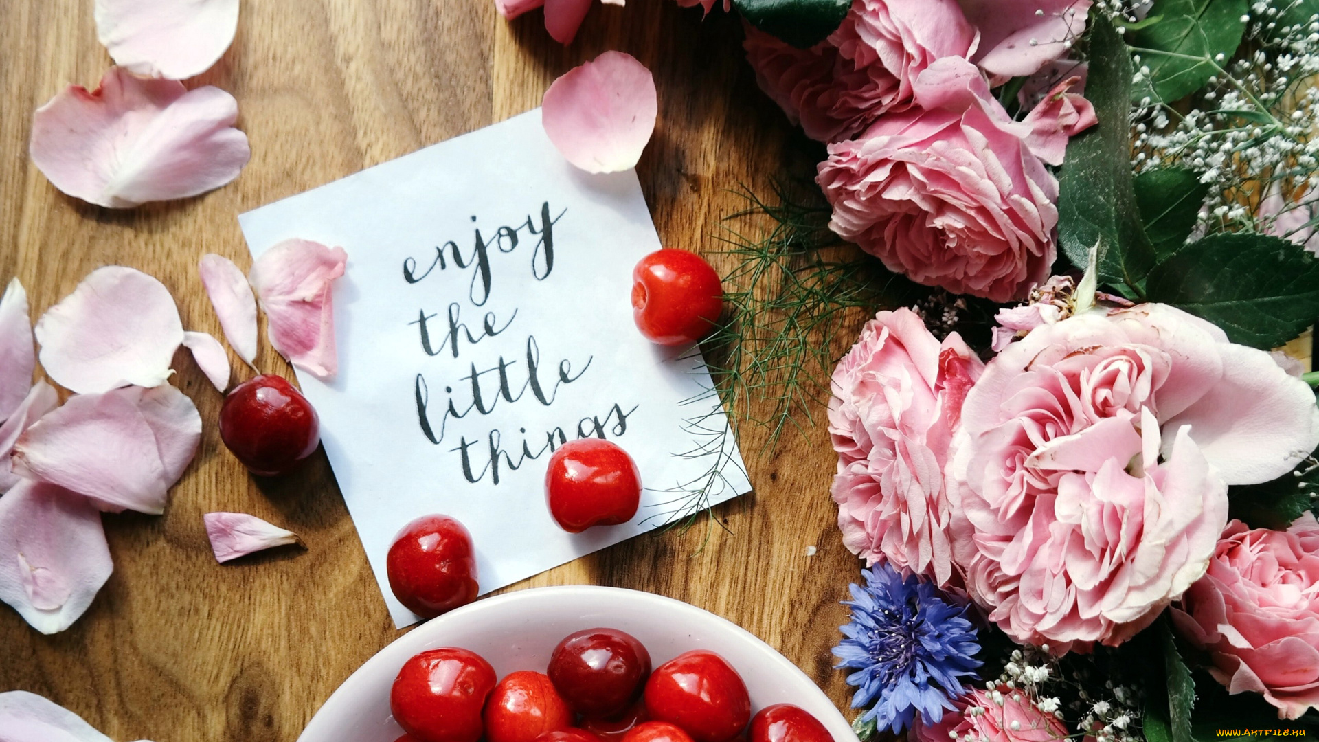 еда, вишня, , черешня, розы, лепестки, черешня, записка