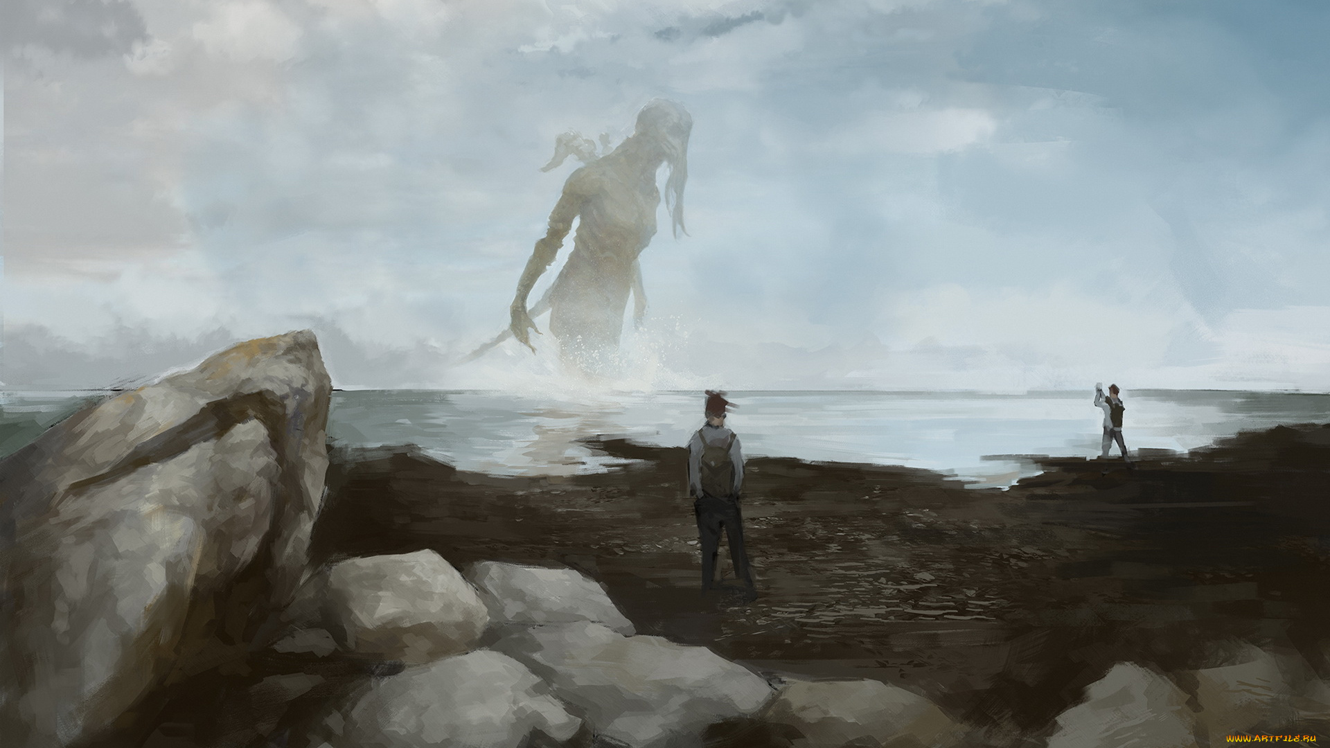 фэнтези, существа, море, фон, люди, существо