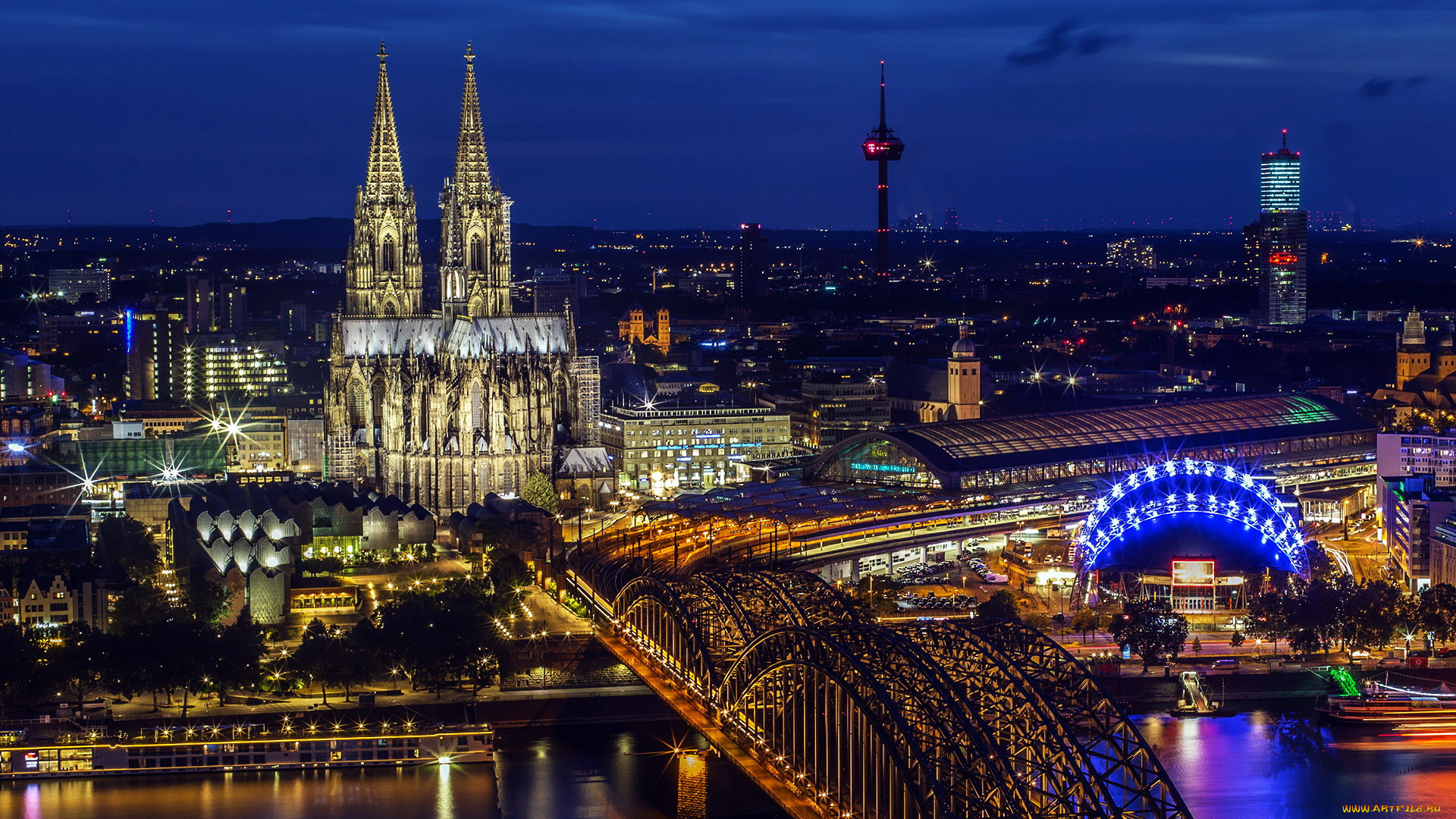 города, кельн, , германия, собор, мост, ночь, огни