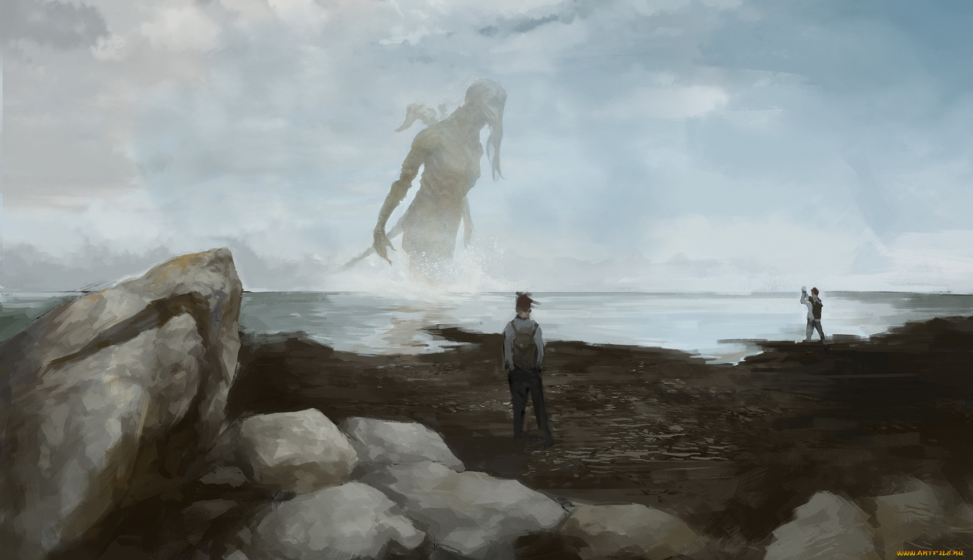 фэнтези, существа, море, фон, люди, существо