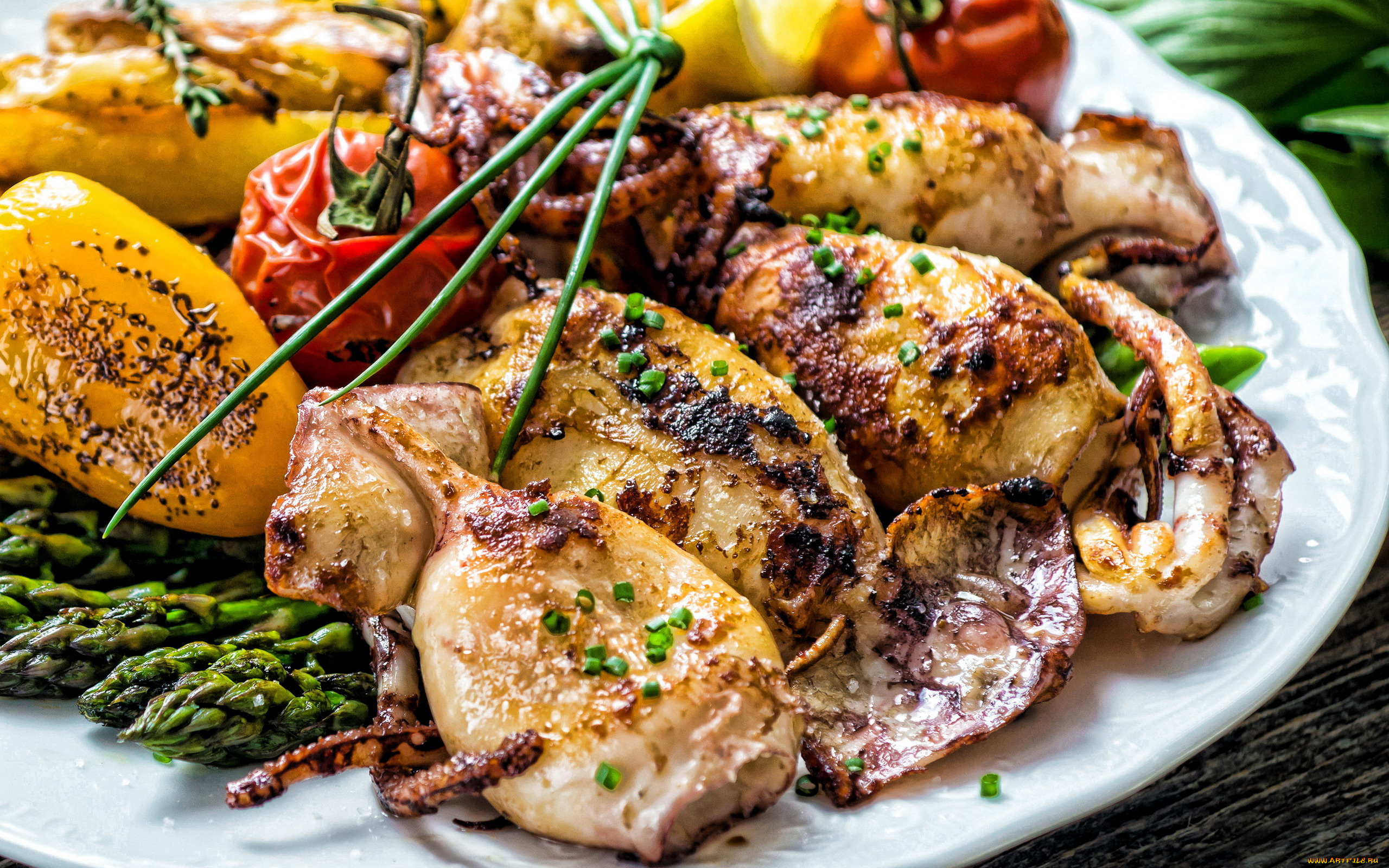 еда, рыбные, блюда, , с, морепродуктами, кальмар