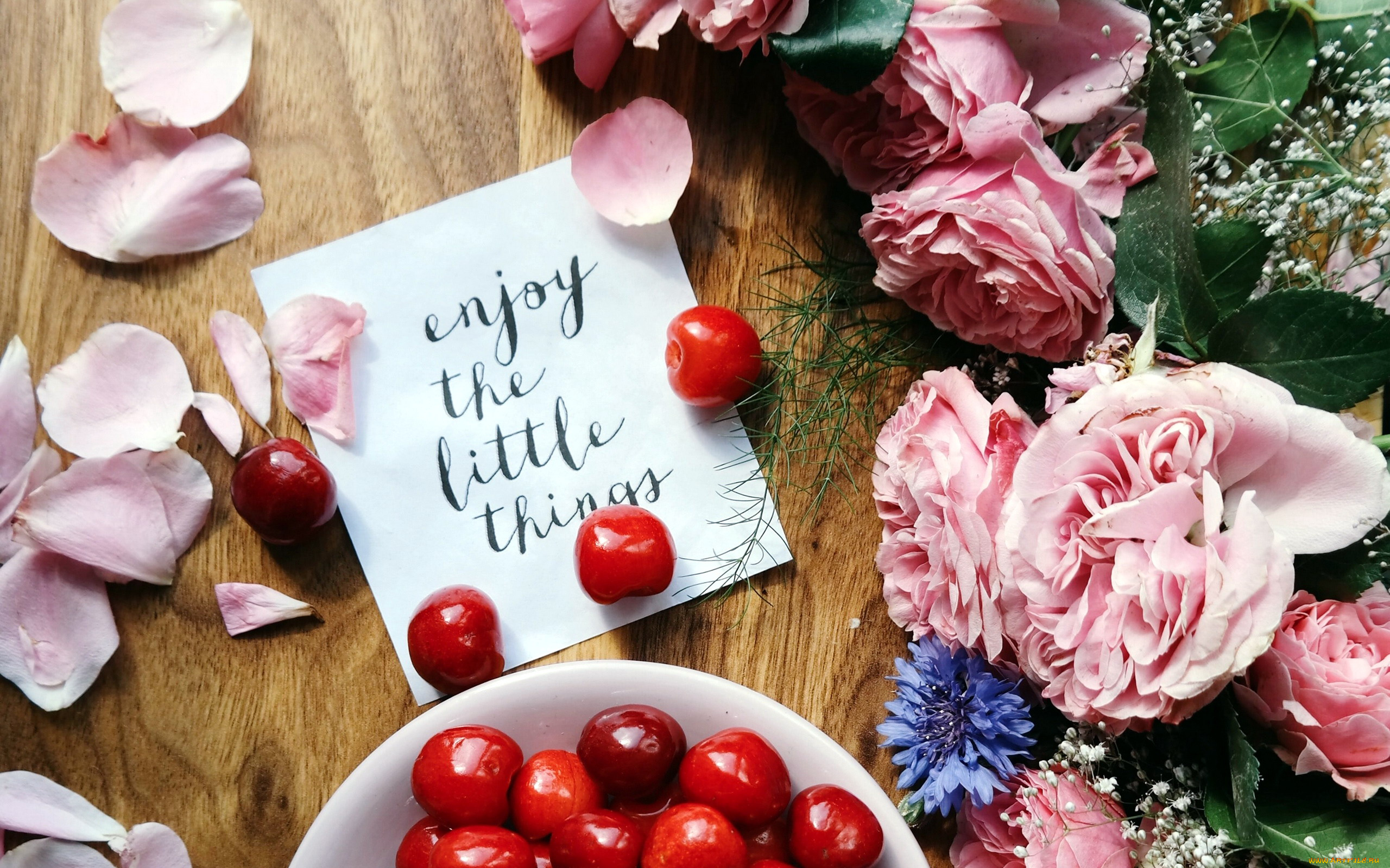 еда, вишня, , черешня, розы, лепестки, черешня, записка