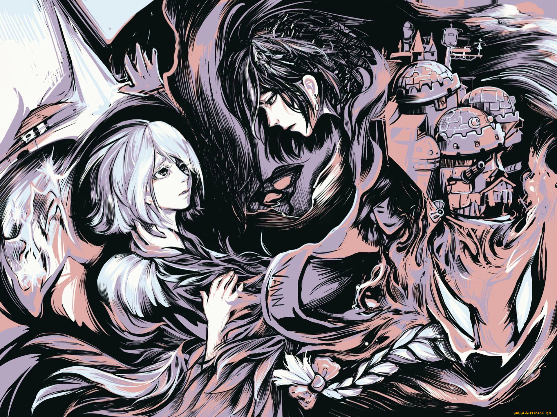 аниме, howl`s, moving, castle, лица, город