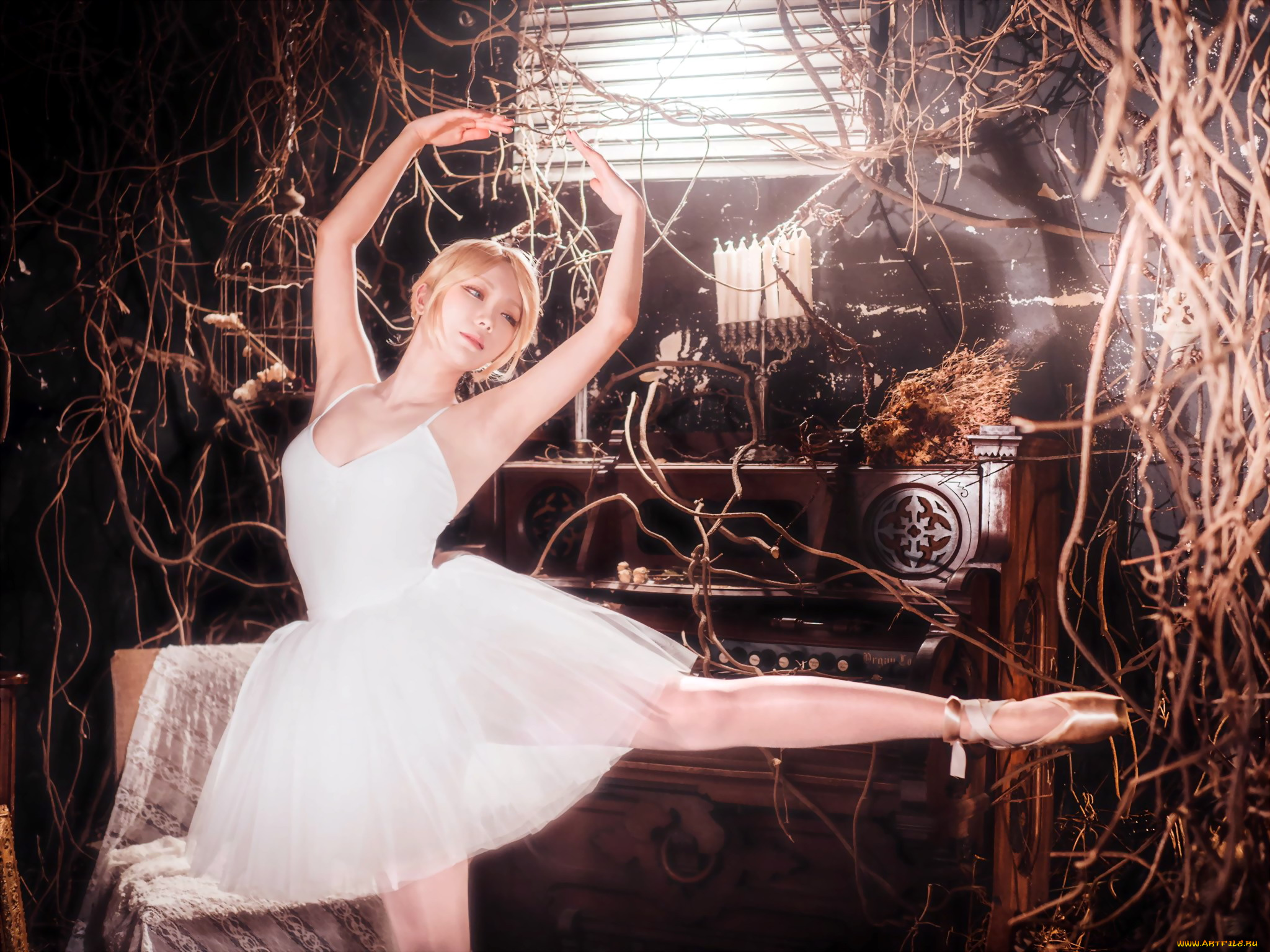 девушки, -, азиатки, балерина, провода