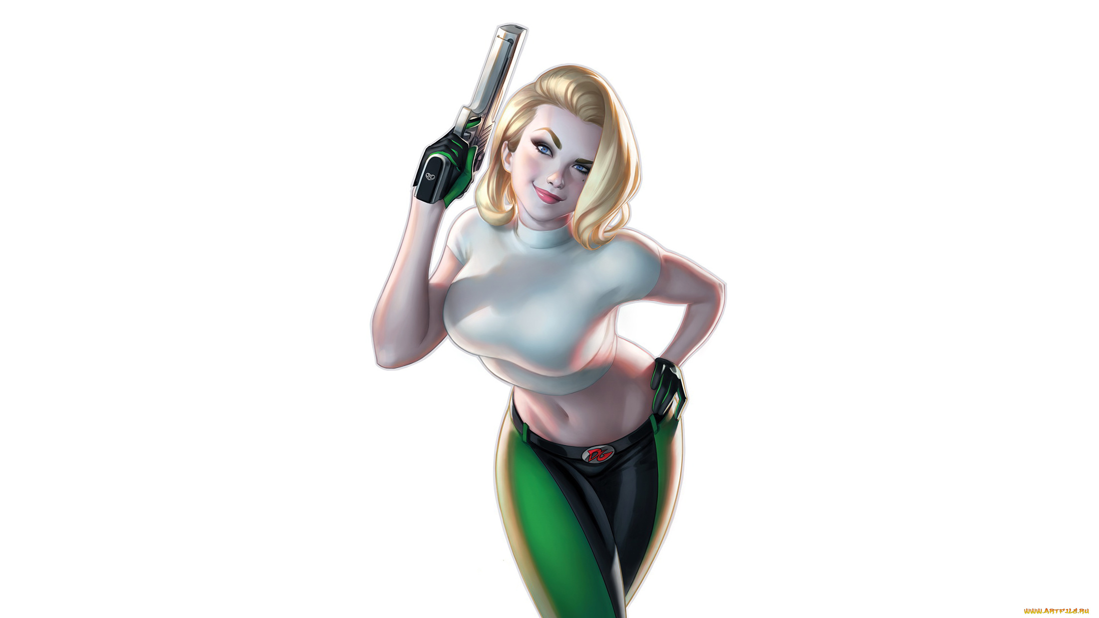 warren, louw, рисованное, люди, девушка, фон, взгляд, улыбка, пистолет