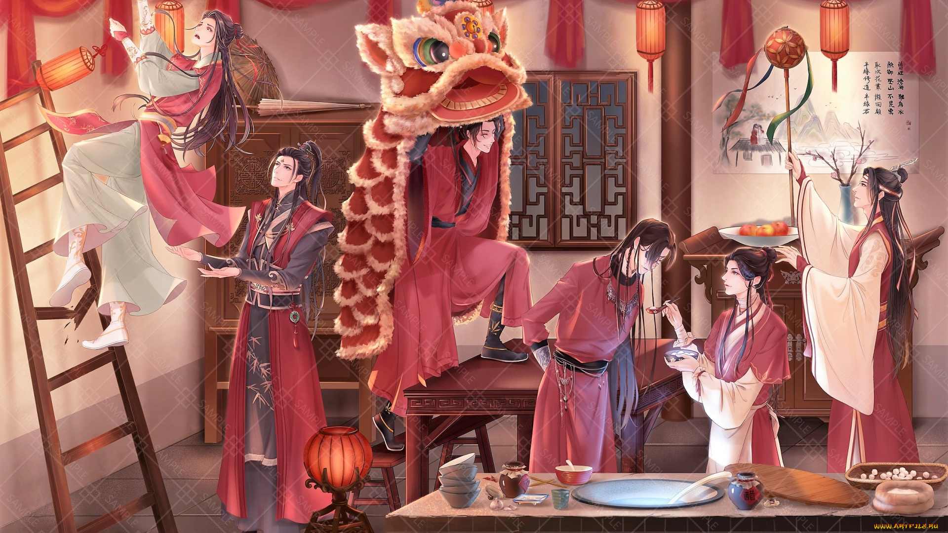 аниме, unknown, , другое, , персонажи, лестница, еда, маска