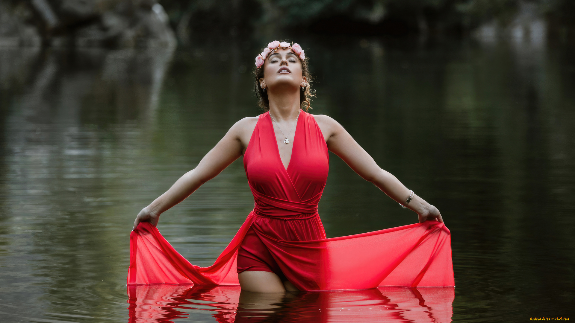 девушки, -, брюнетки, , шатенки, девушка, красноe, платье, красавица, озерo