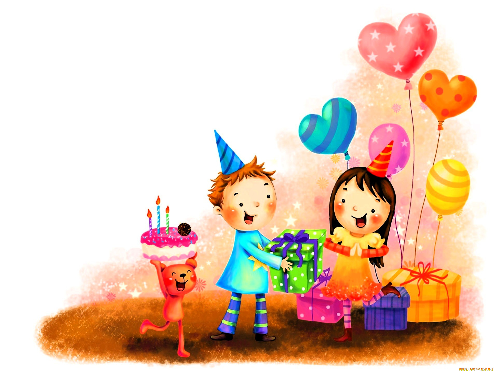 рисованное, праздники, мальчик, девочка, подарки, шарики, мишка