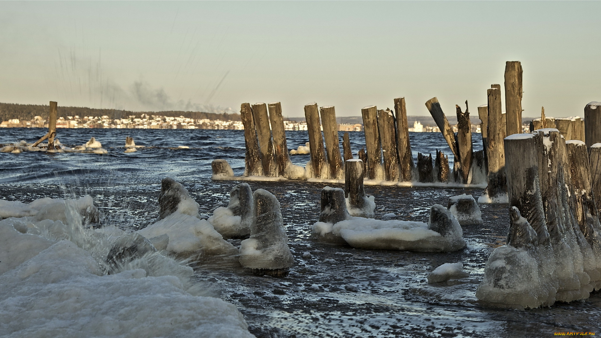природа, побережье, волны, лёд, озеро
