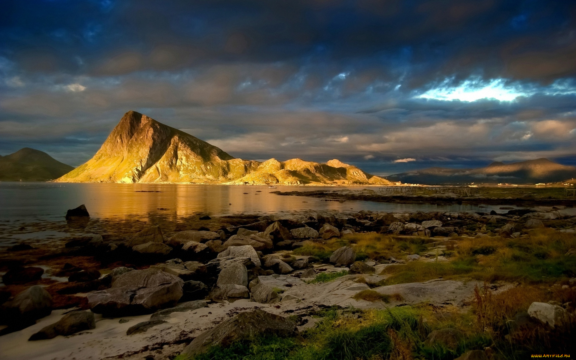 природа, побережье, золотая, гора, в, лучах, заката