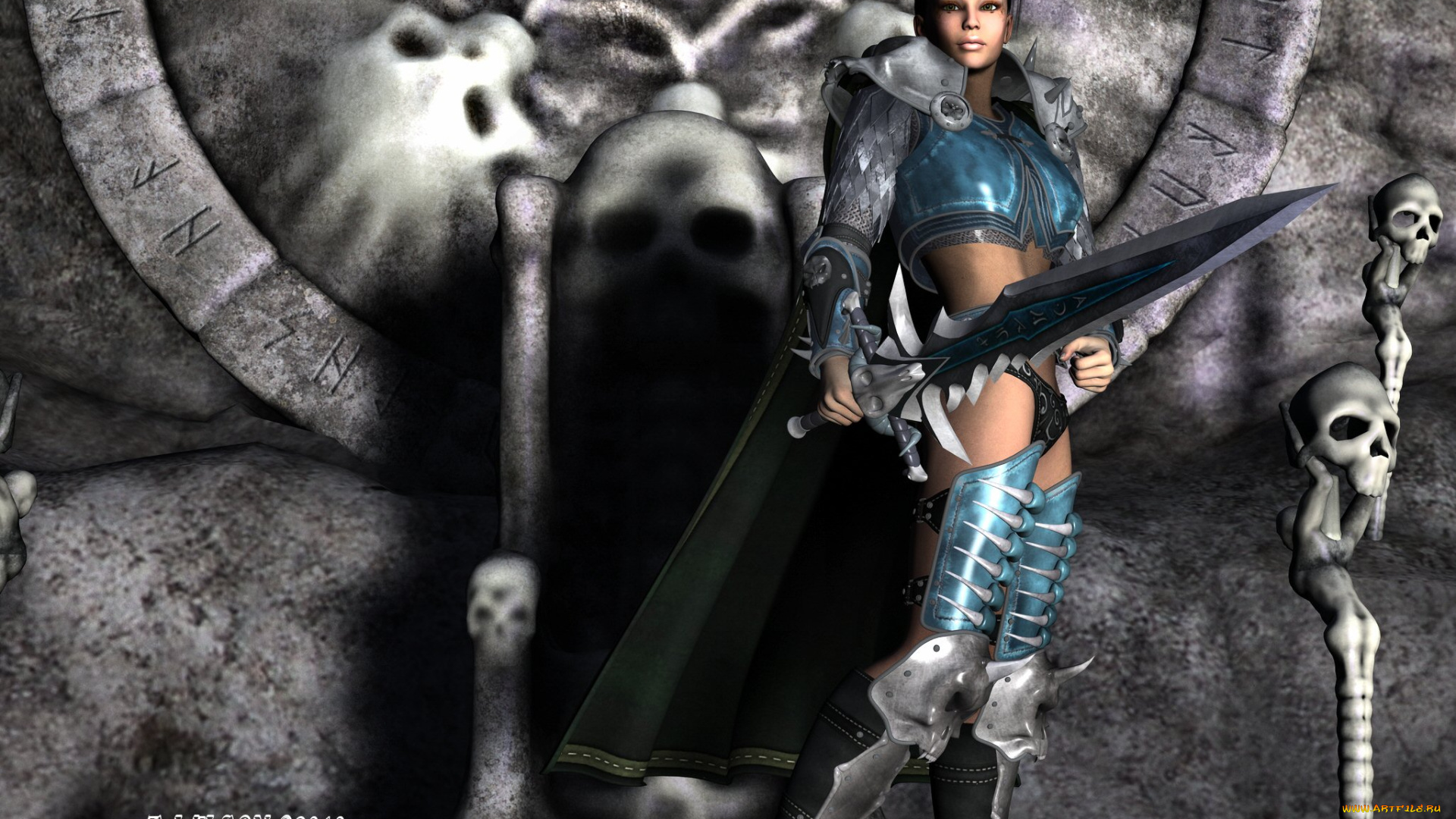 3д, графика, amazon, амазонки, доспехи, черепа, девушка, меч