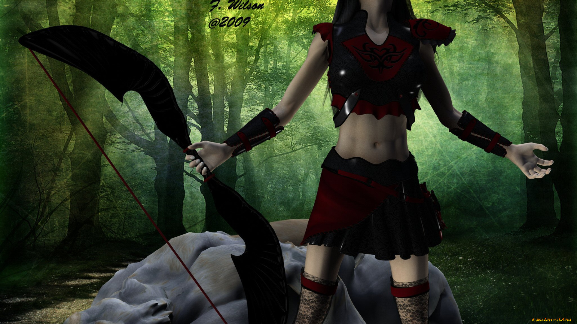 3д, графика, elves, эльфы, лук, лес, эльфийка