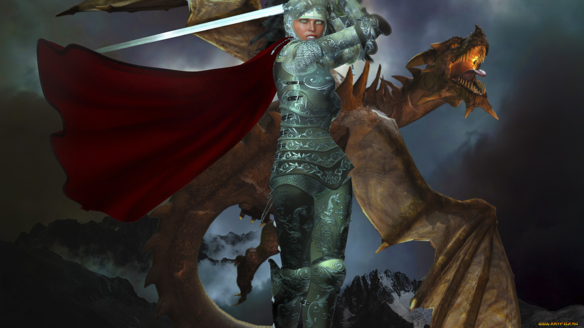 3д, графика, fantasy, фантазия, дракон, девушка