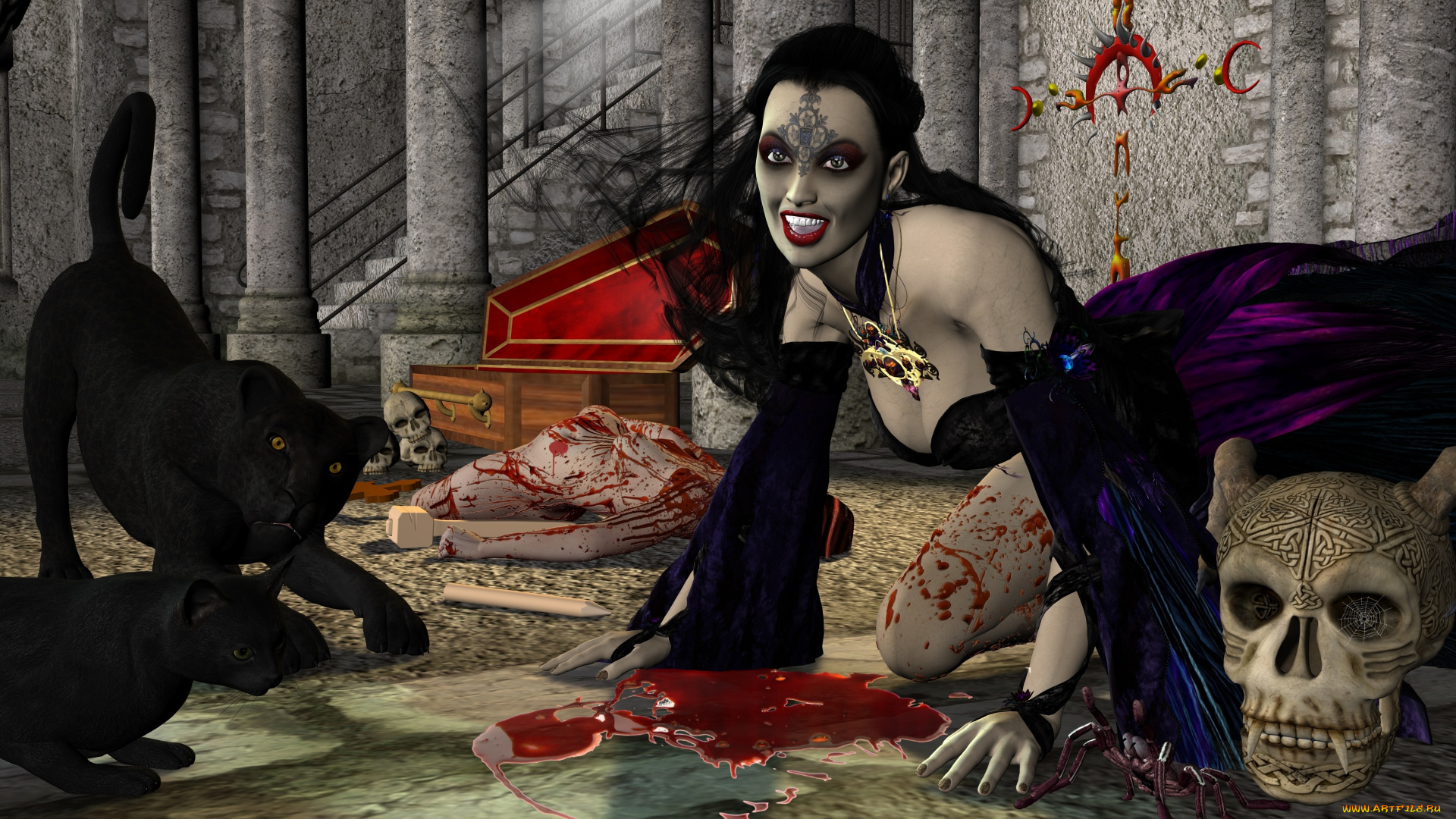 3д, графика, fantasy, фантазия, кровь, череп, животные, девушка
