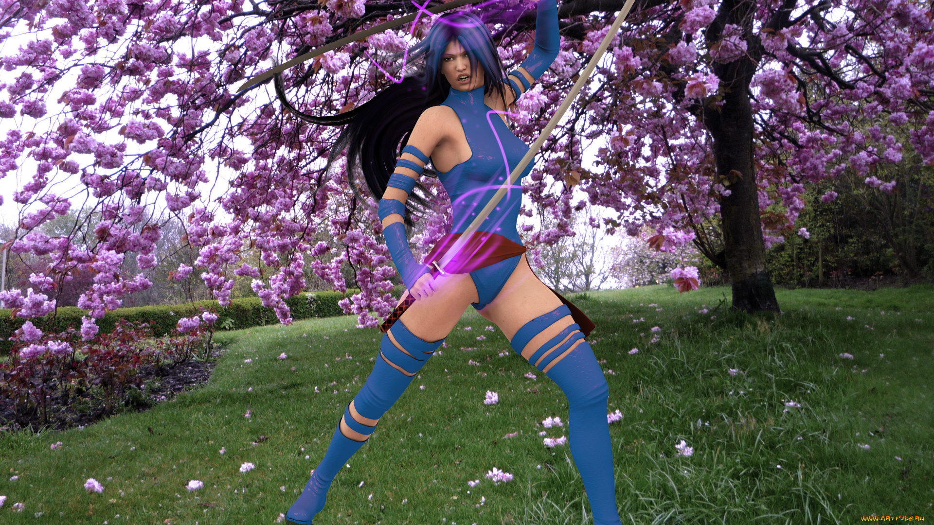 3д, графика, military, катана, трава, сакура