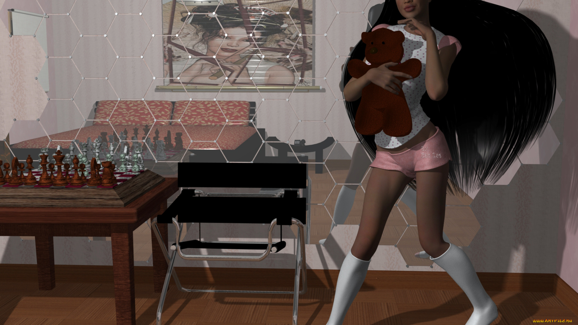 3д, графика, people, люди, девушка, шахматы