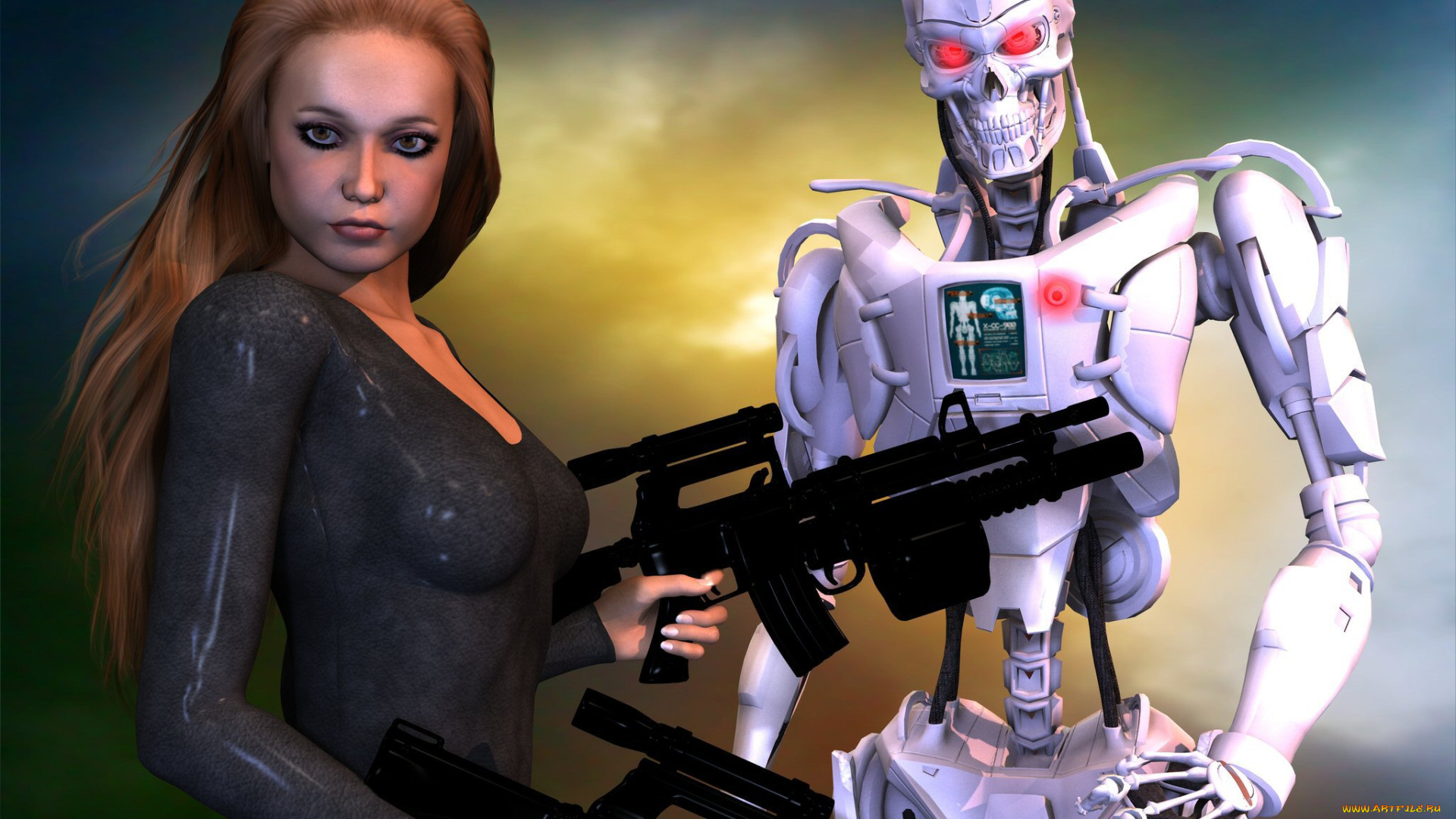 3д, графика, people, люди, оружие, робот, девушка