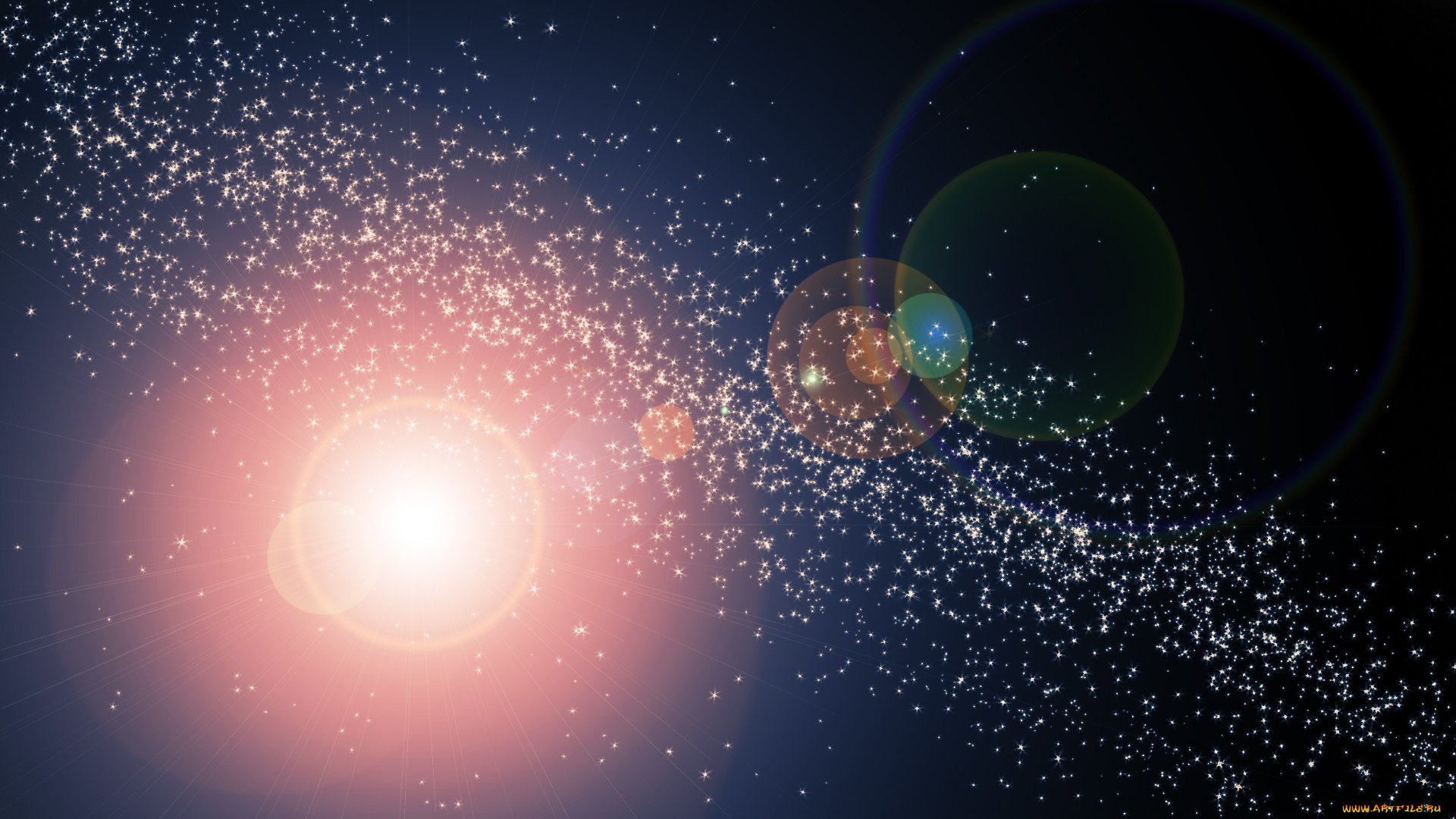 космос, арт, свет, блики, солнце, звезды
