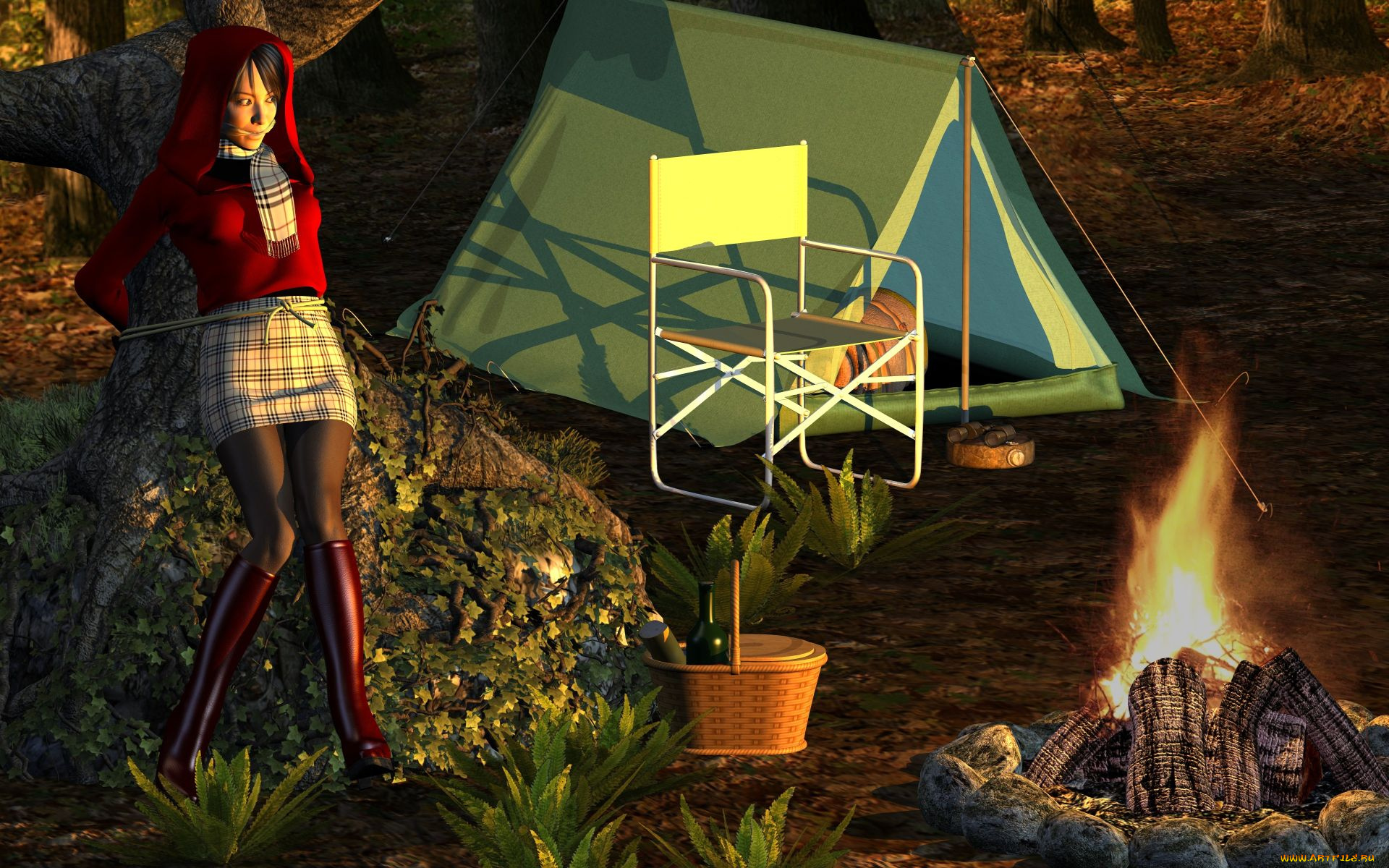 3д, графика, people, люди, костер, девушка