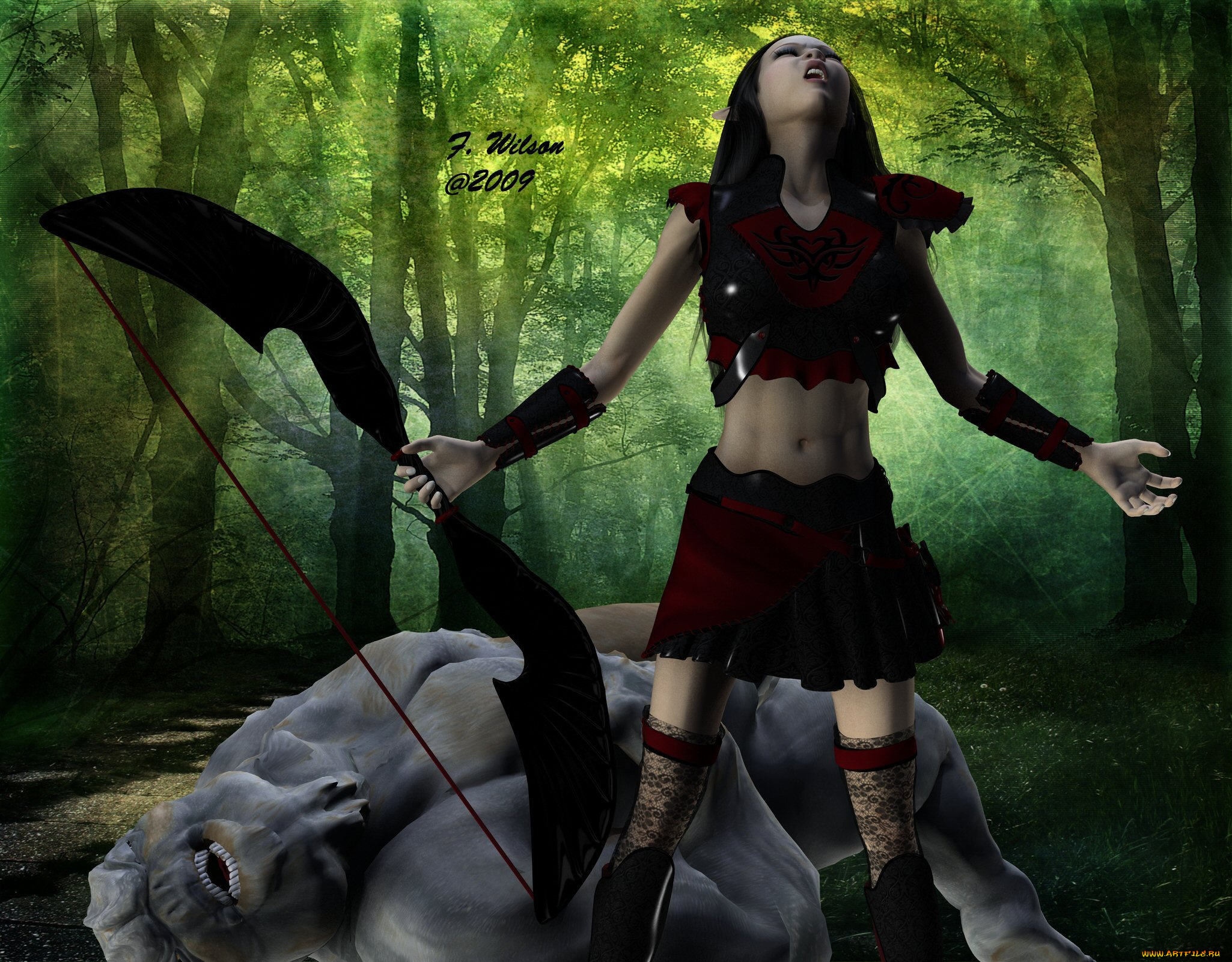 3д, графика, elves, эльфы, лук, лес, эльфийка