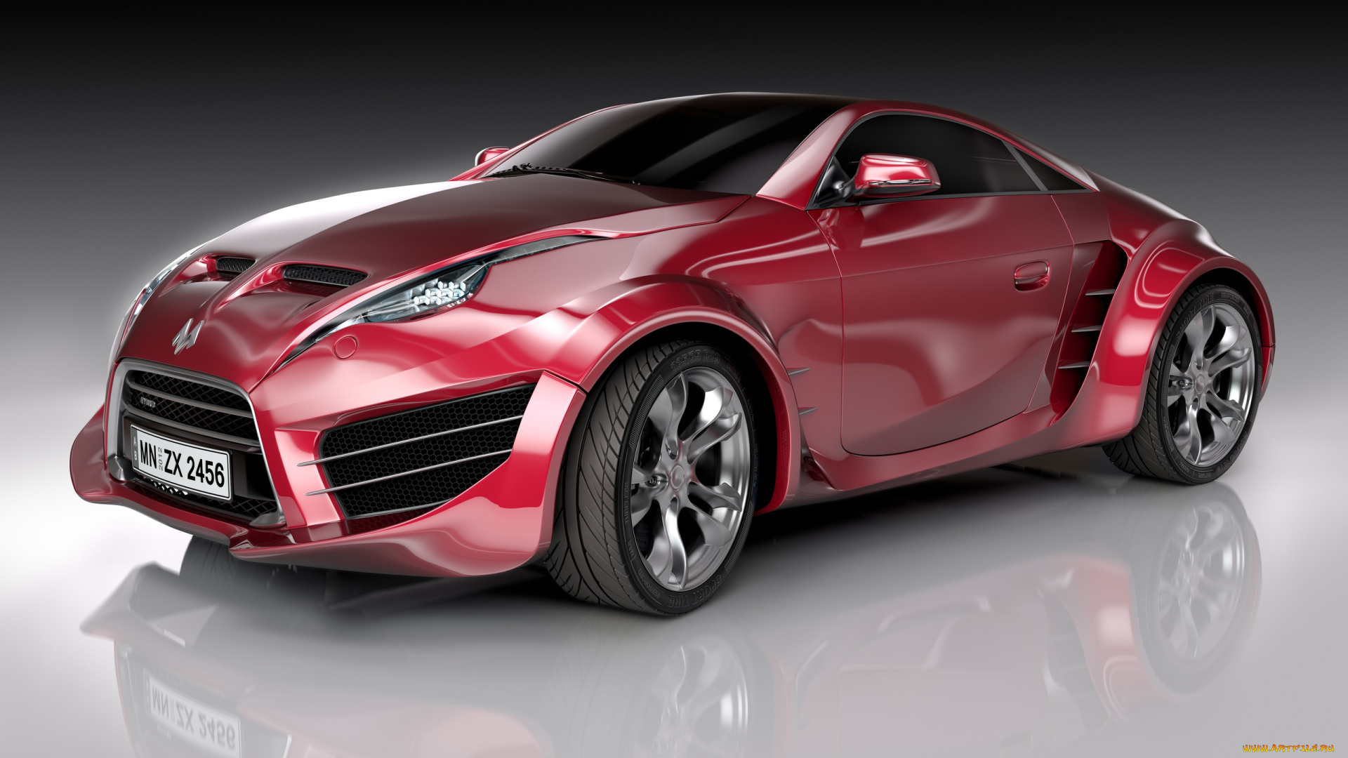 автомобили, 3д, машина, красная, серый, фон