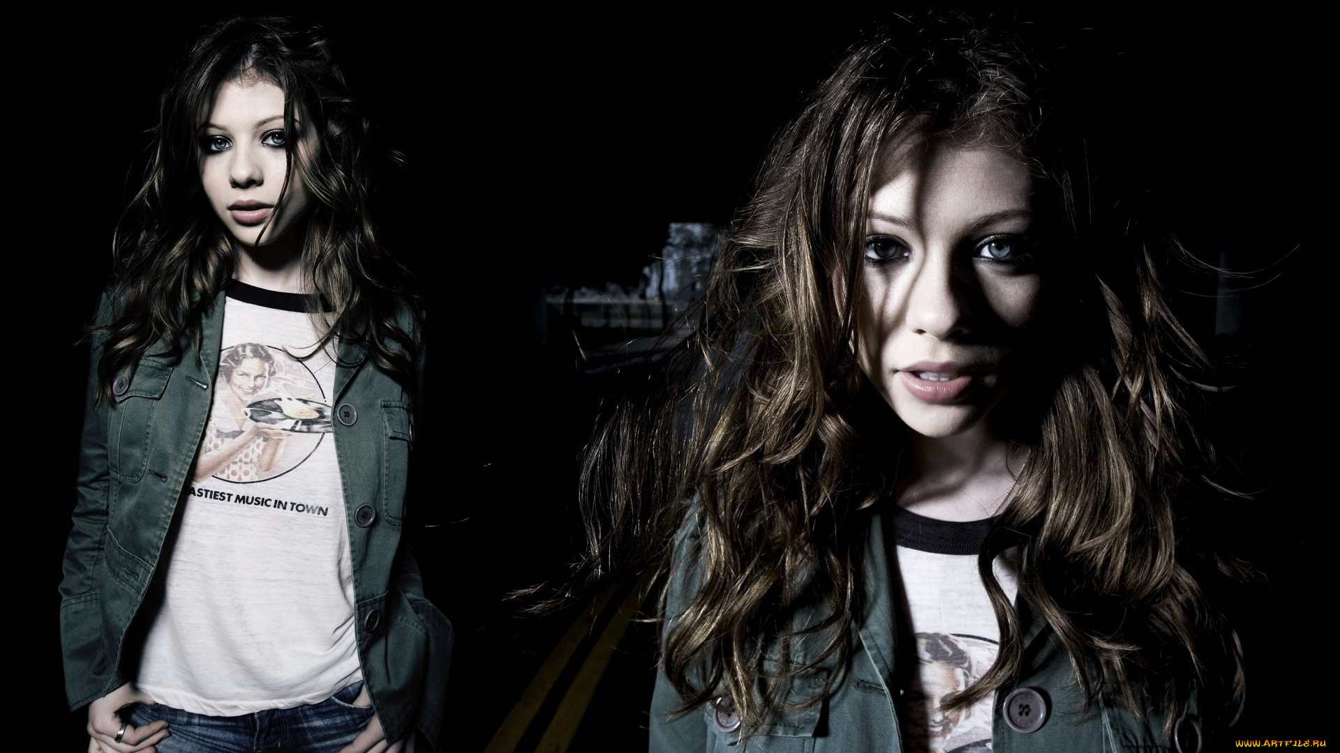 девушки, michelle, trachtenberg, актриса, дорога, полосы, куртка, футболка, джинсы