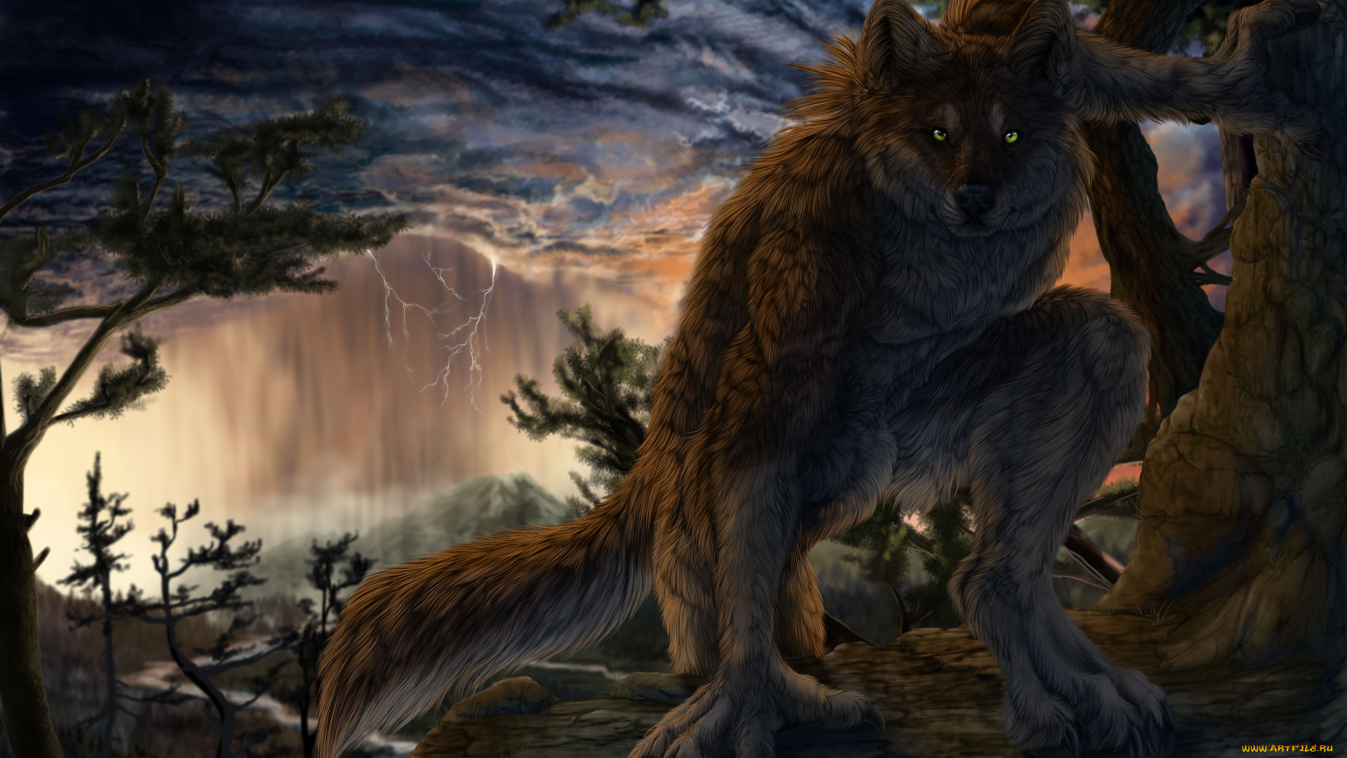 фэнтези, оборотни, волк, оборотень, скалы, гора, молния