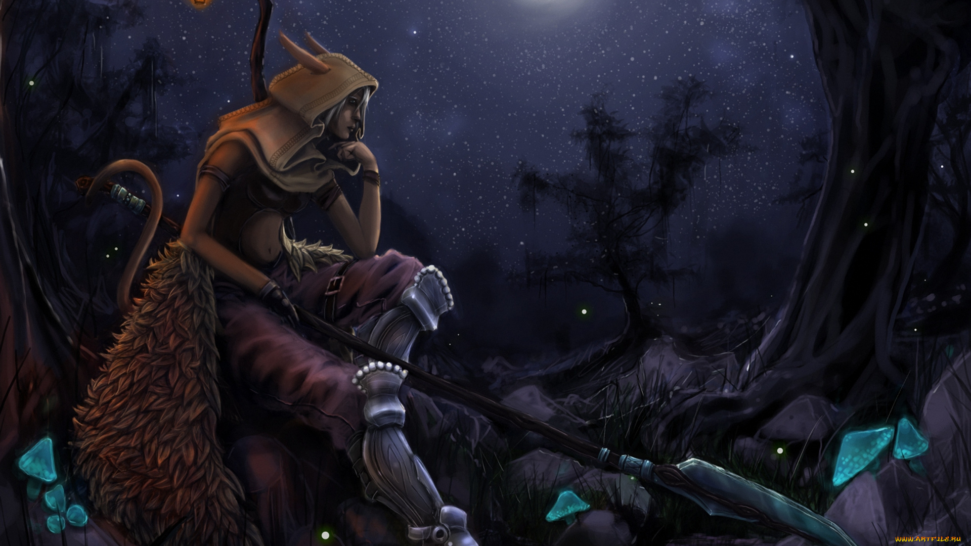 фэнтези, существа, существо, копье, ночь, фонари, полная, луна