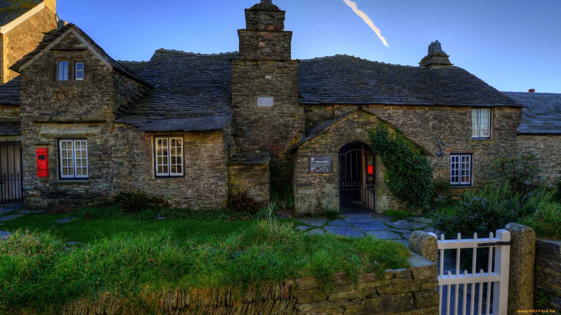 города, -, здания, , дома, england, cornwall, tintagel, сумерки, дом, трава, англия