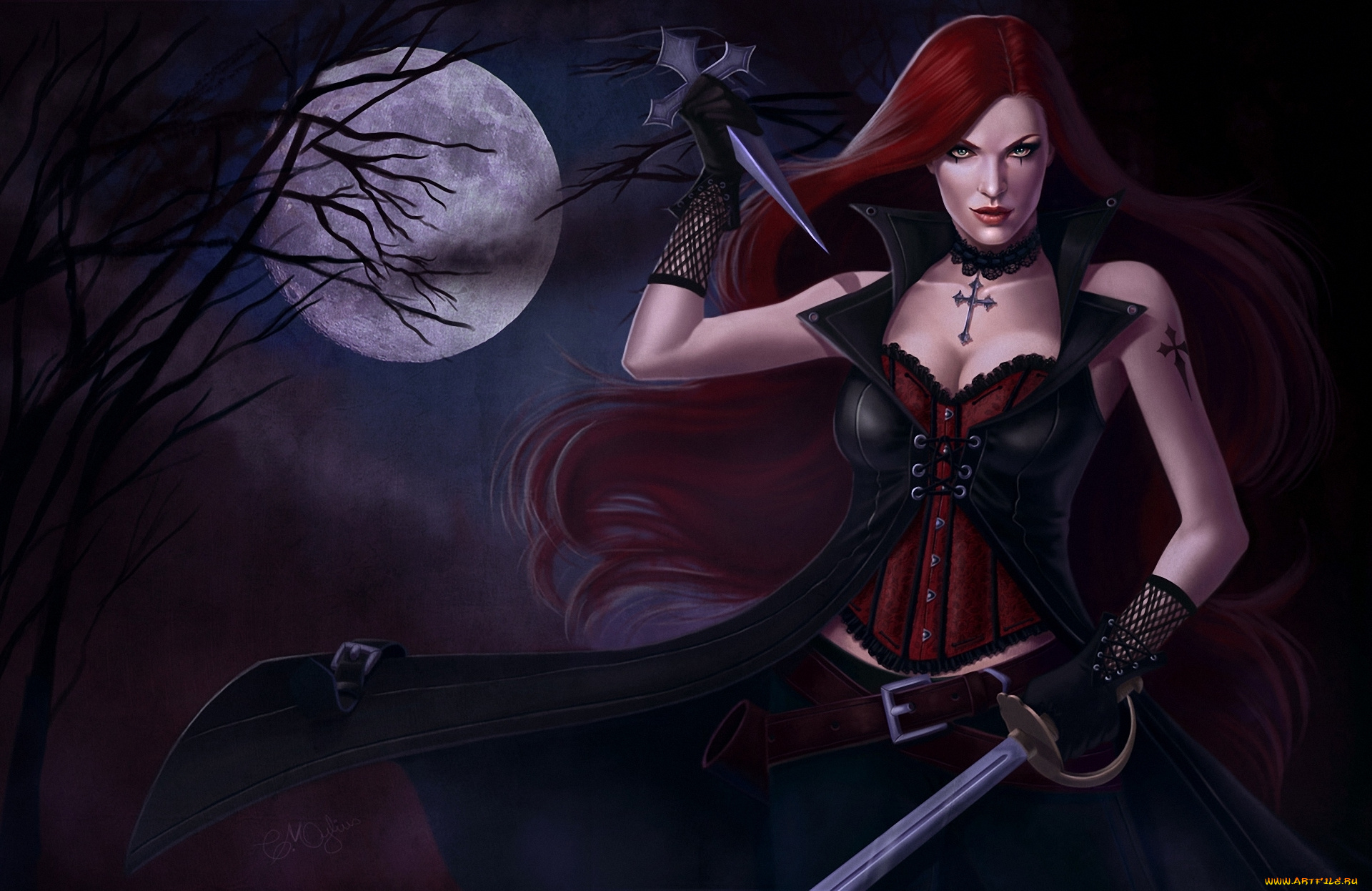 фэнтези, девушки, девушка, воин, охотник, полная, луна, меч, кинжал