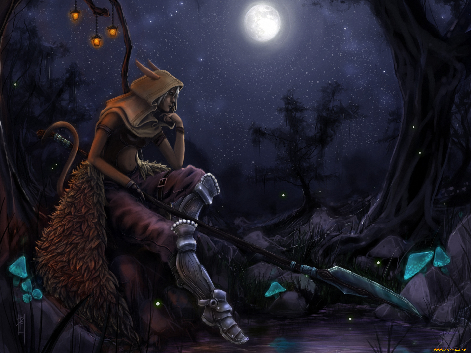 фэнтези, существа, существо, копье, ночь, фонари, полная, луна