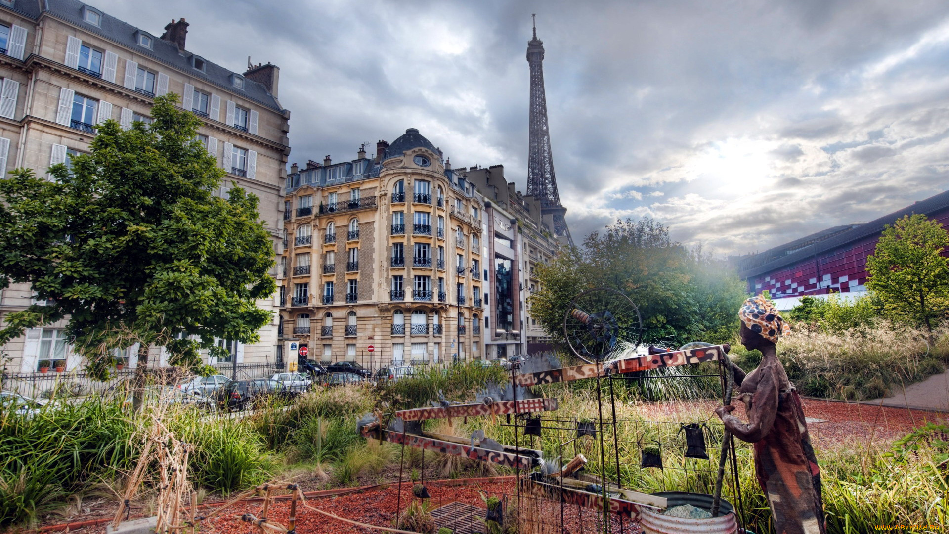 города, париж, , франция, здания, дворик, башня