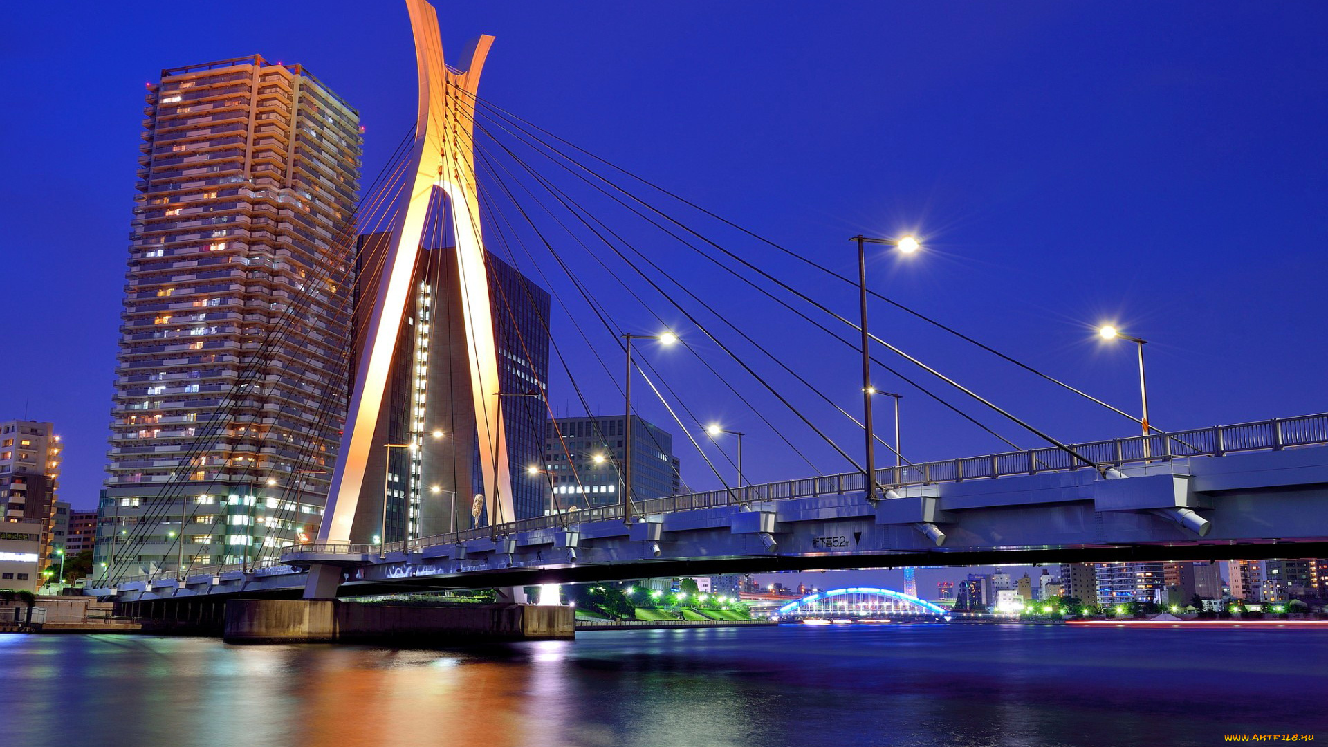 города, токио, , Япония, здания, огни, мост, река