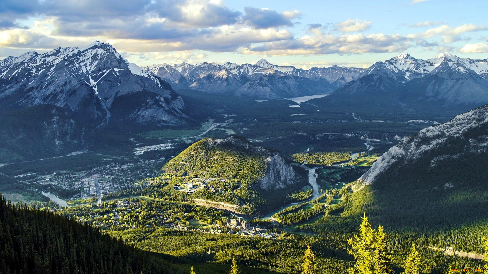 природа, горы, лес, долина, облака, река