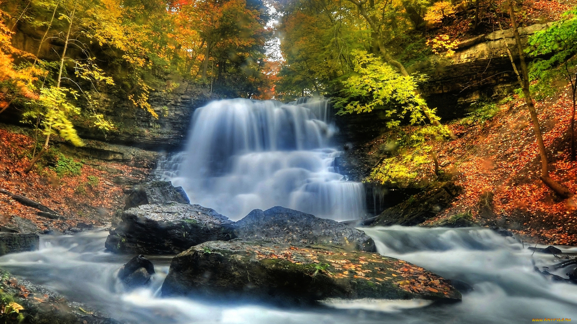 природа, водопады, осень, поток, лес, камни