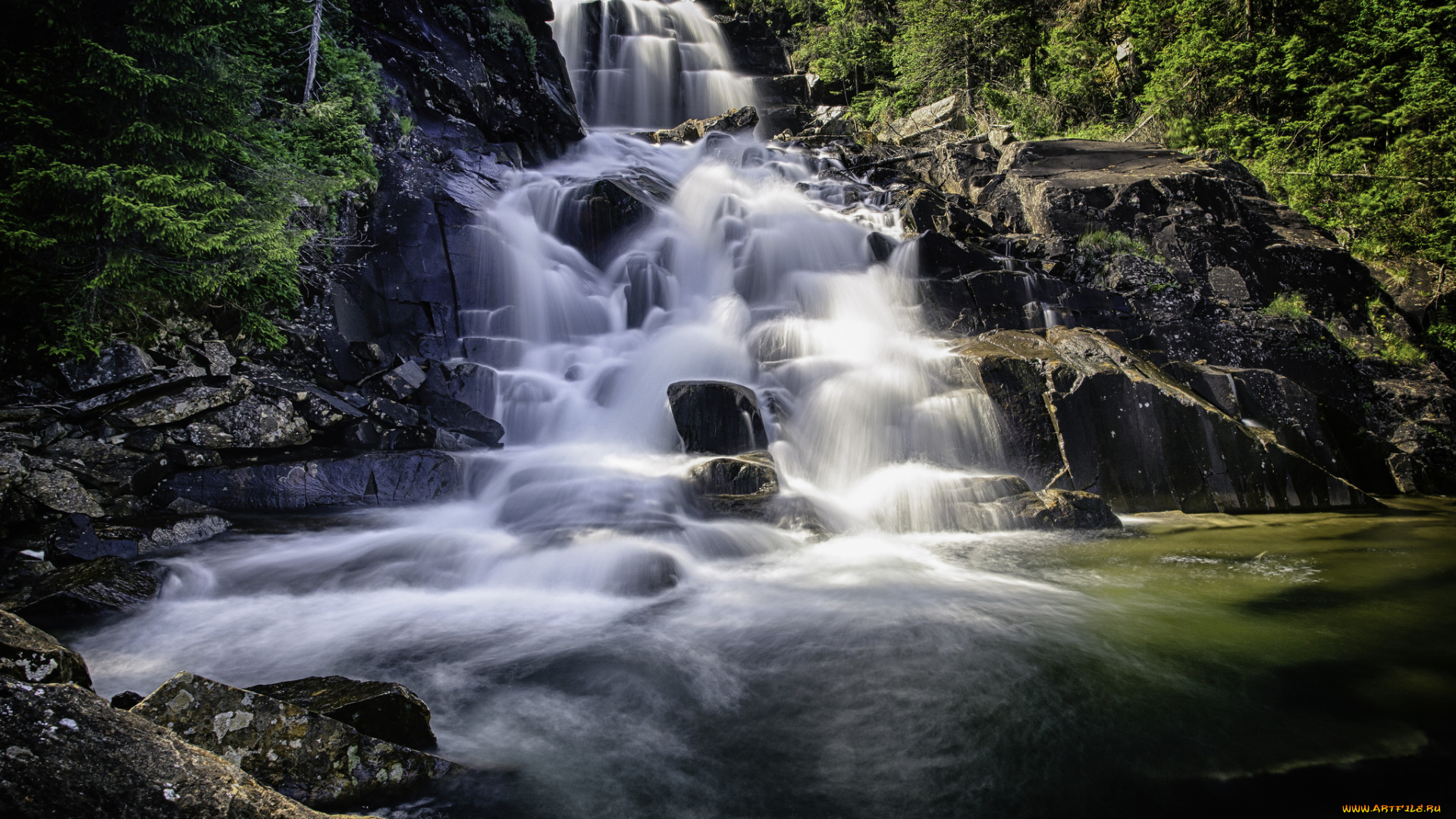 природа, водопады, река, лес, водопад
