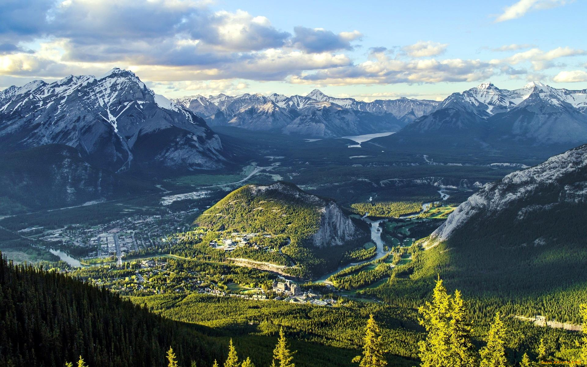 природа, горы, лес, долина, облака, река