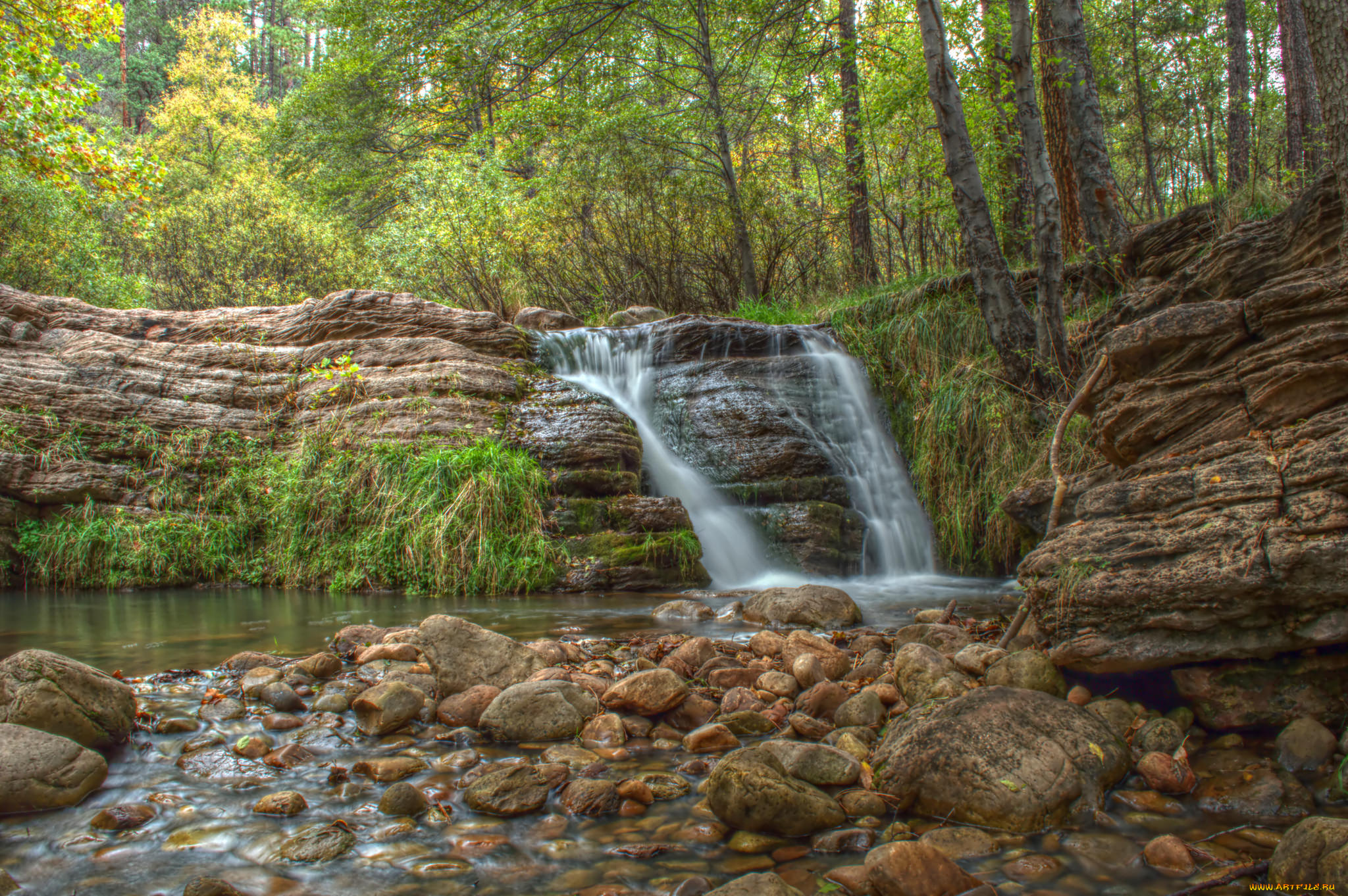 природа, водопады, водопад, река, лес