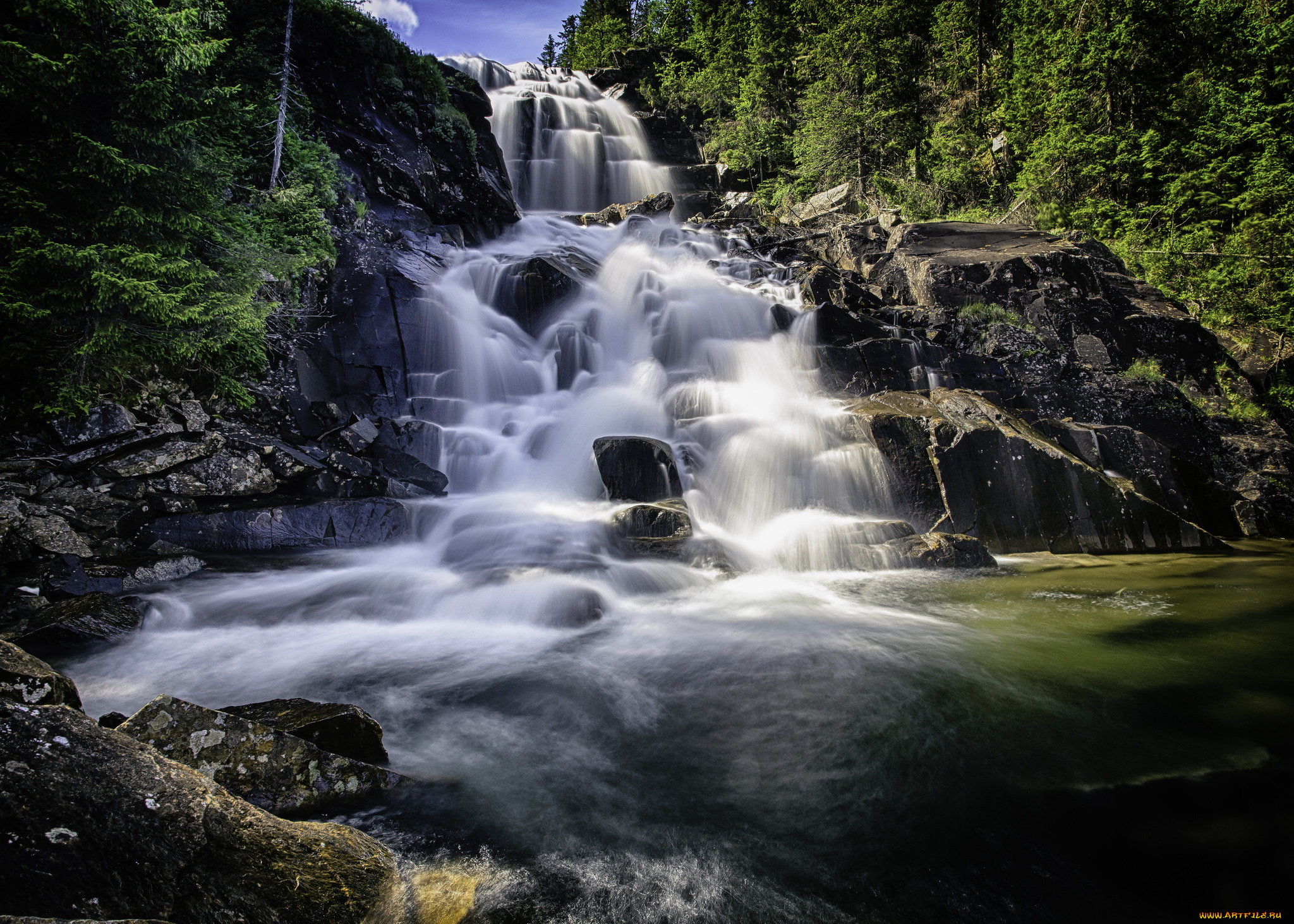 природа, водопады, река, лес, водопад