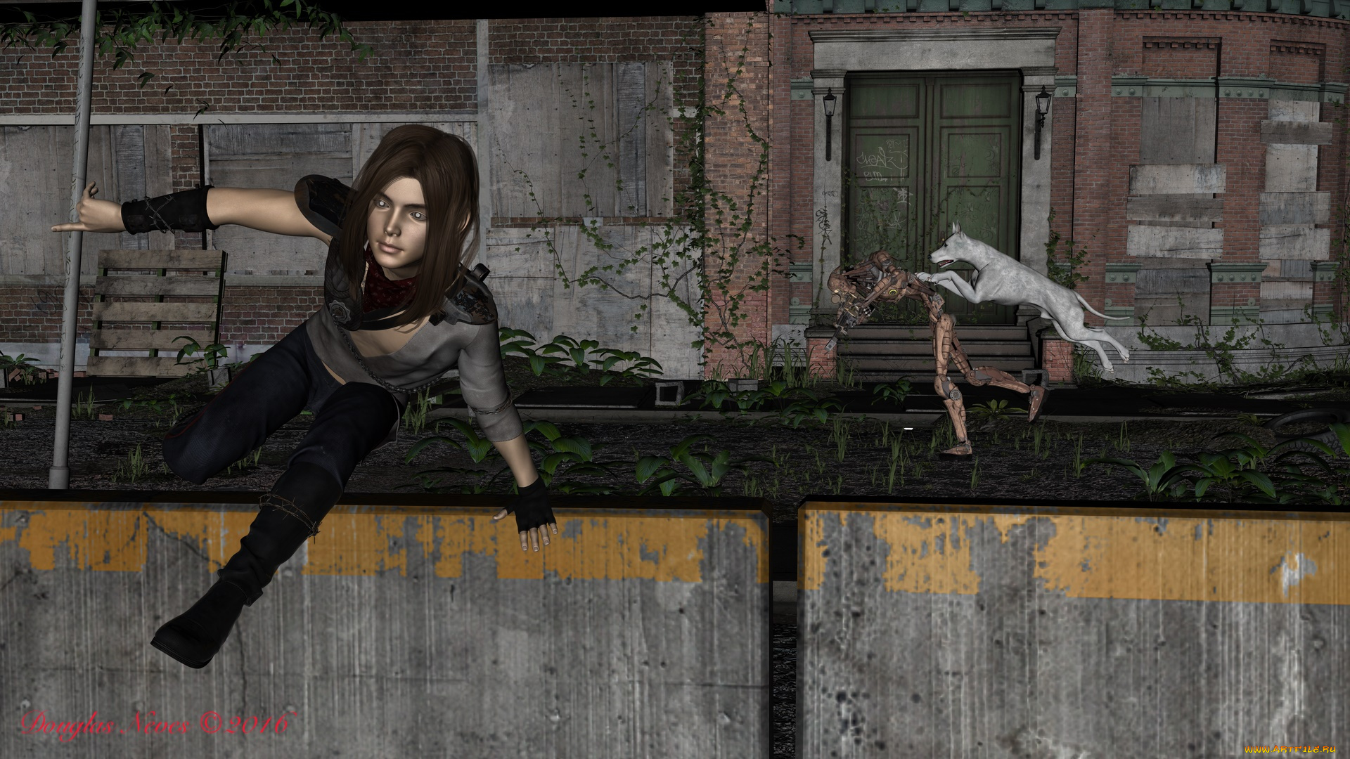 3д, графика, фантазия, , fantasy, фон, взгляд, девушка, собака, зомби