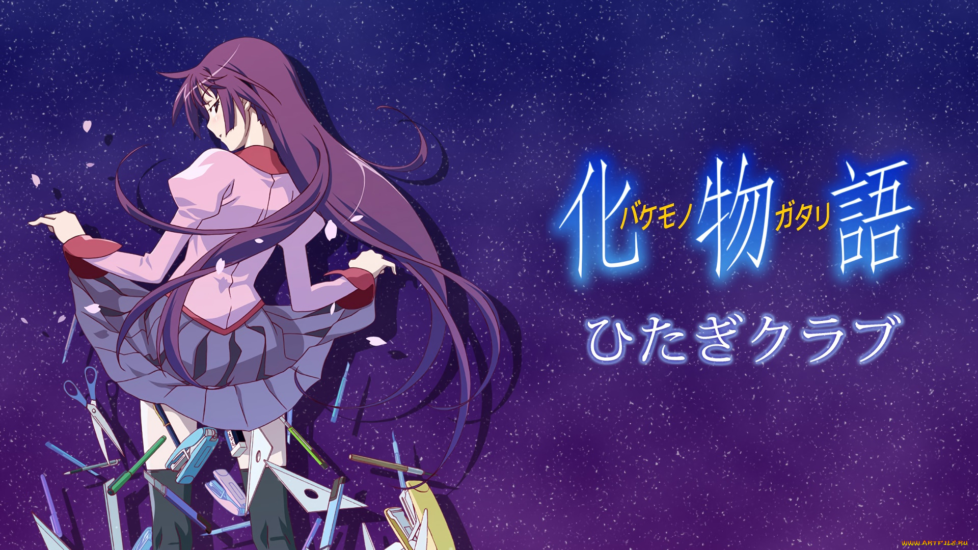 аниме, bakemonogatari, девушка, фон, взгляд