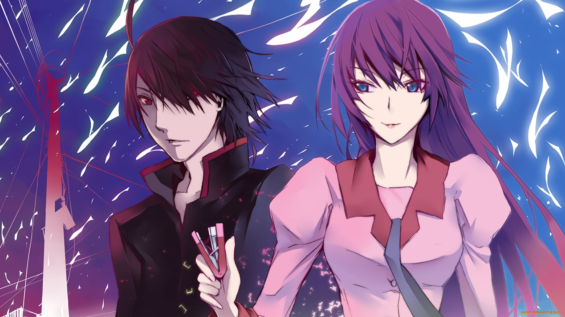 аниме, bakemonogatari, девушка, взгляд, фон