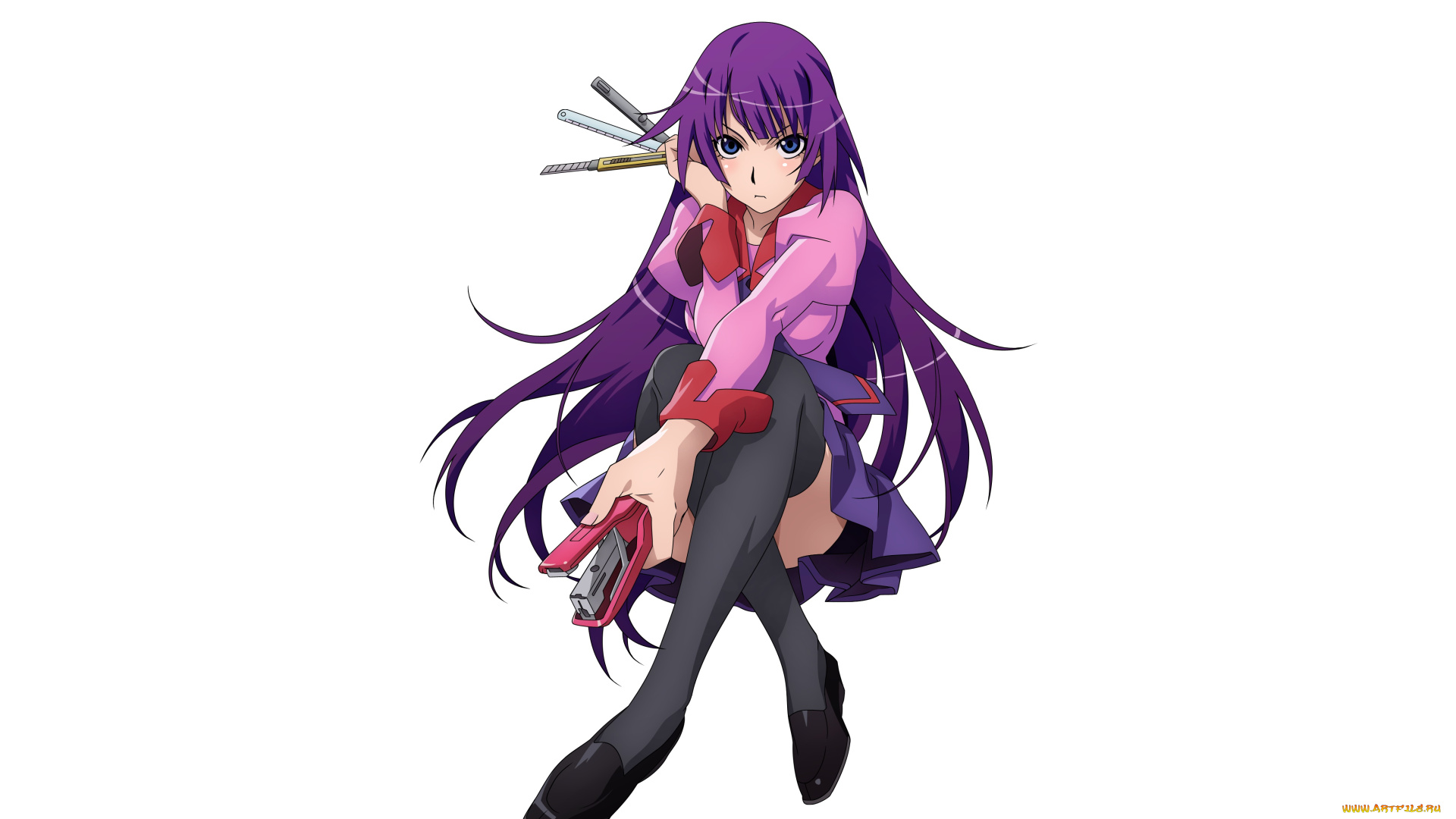 аниме, bakemonogatari, девушка, взгляд, фон