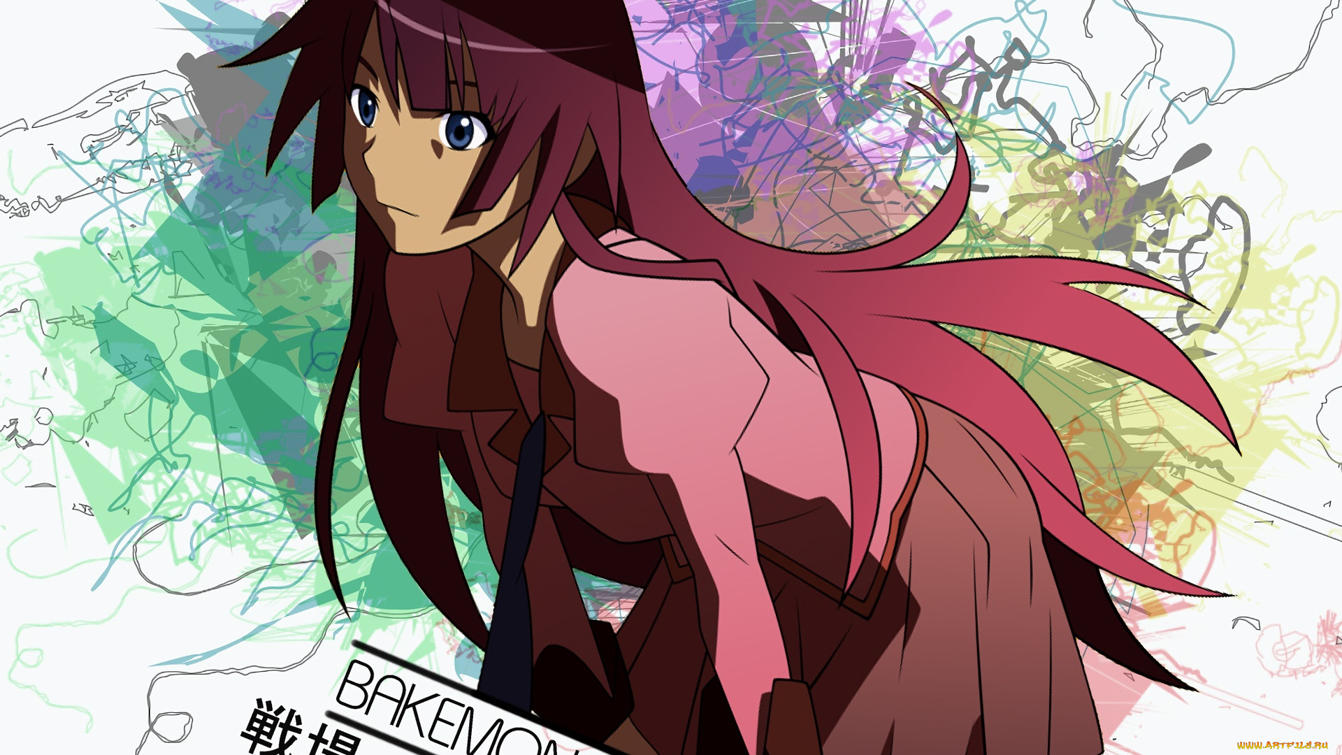 аниме, bakemonogatari, фон, взгляд, девушка